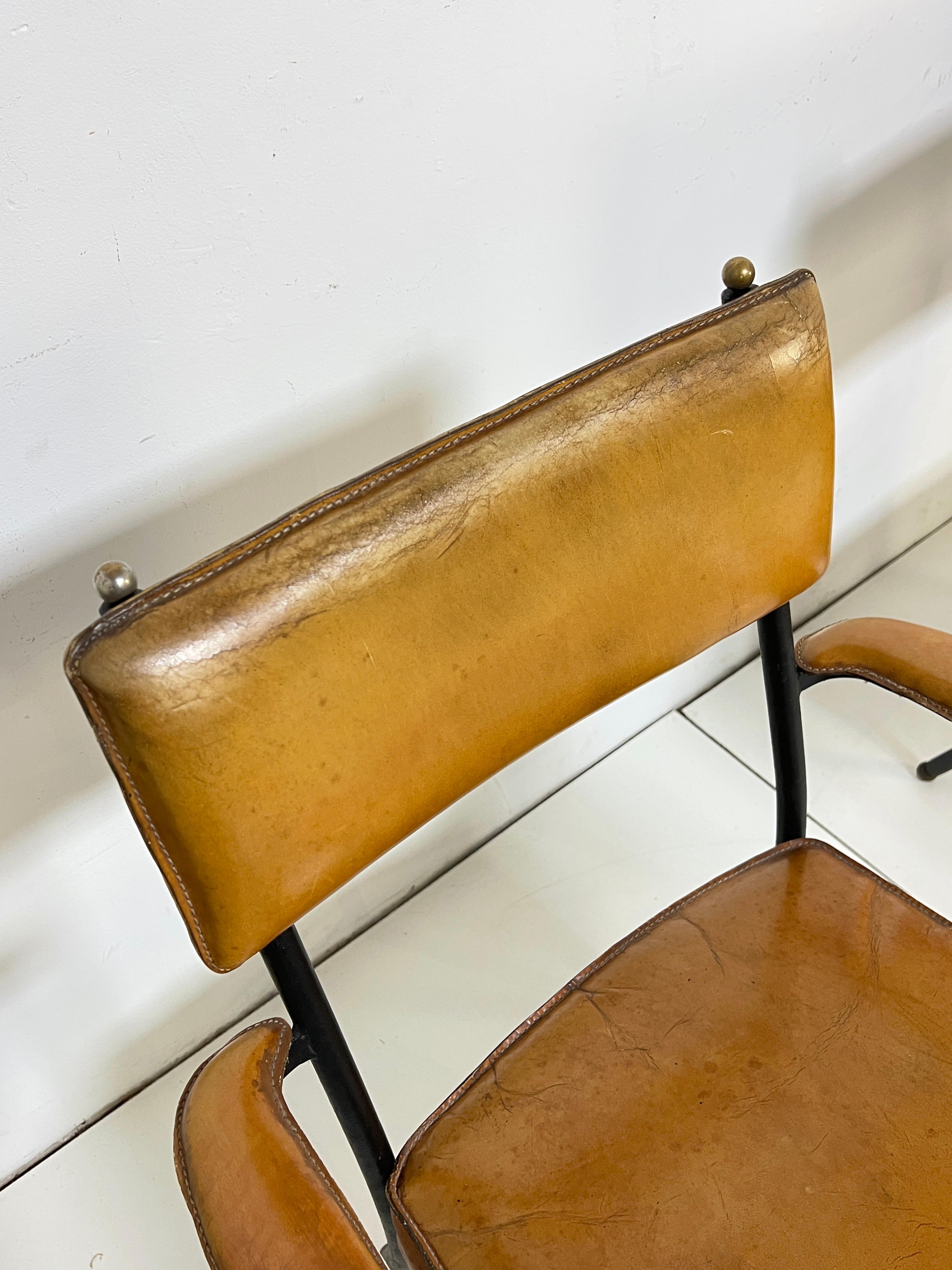 Pair of Jacques Adnet Saddle Leather and Wrought Iron Armchairs Circa 1940s en vente 3