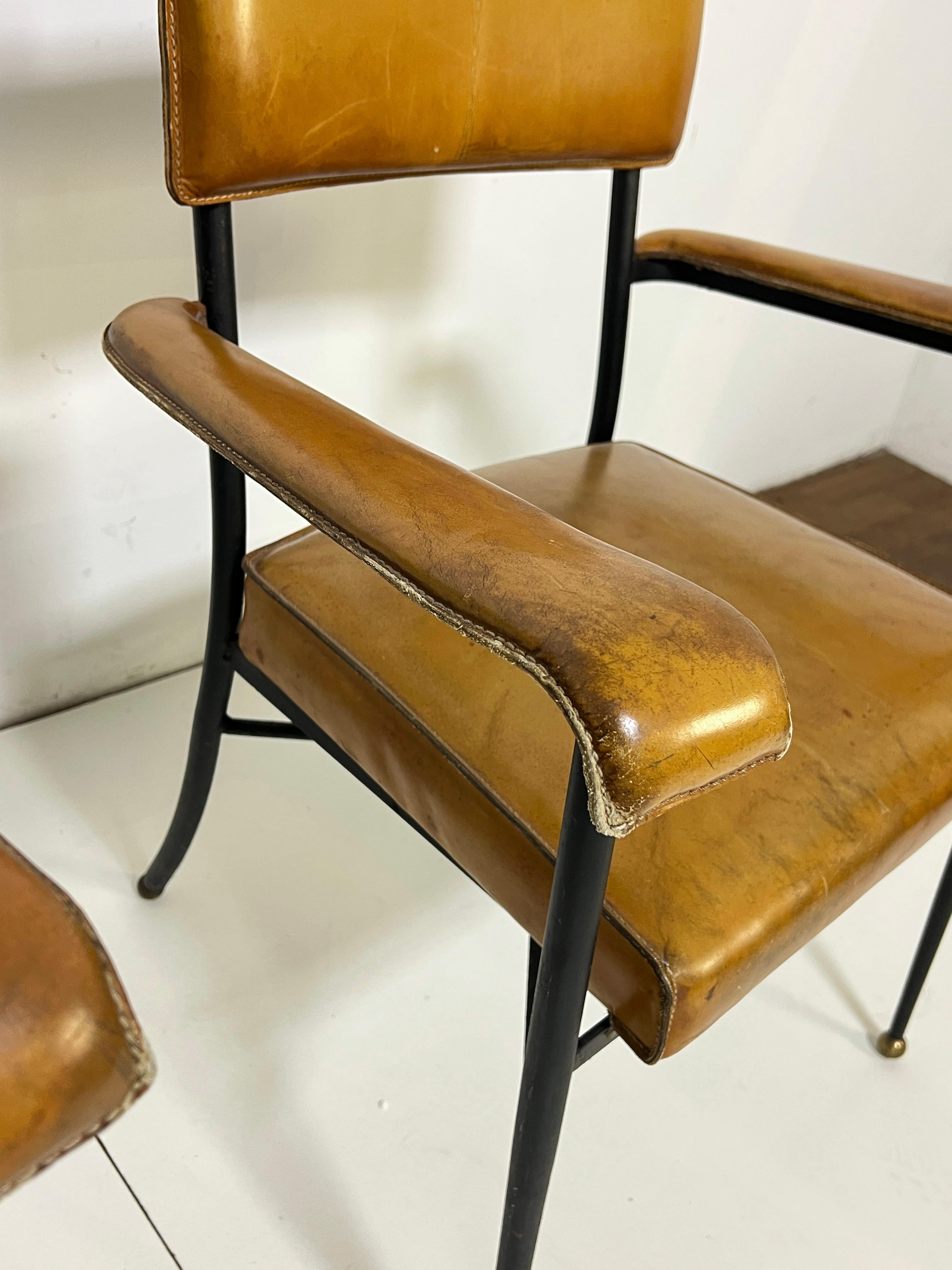 Pair of Jacques Adnet Saddle Leather and Wrought Iron Armchairs Circa 1940s en vente 4