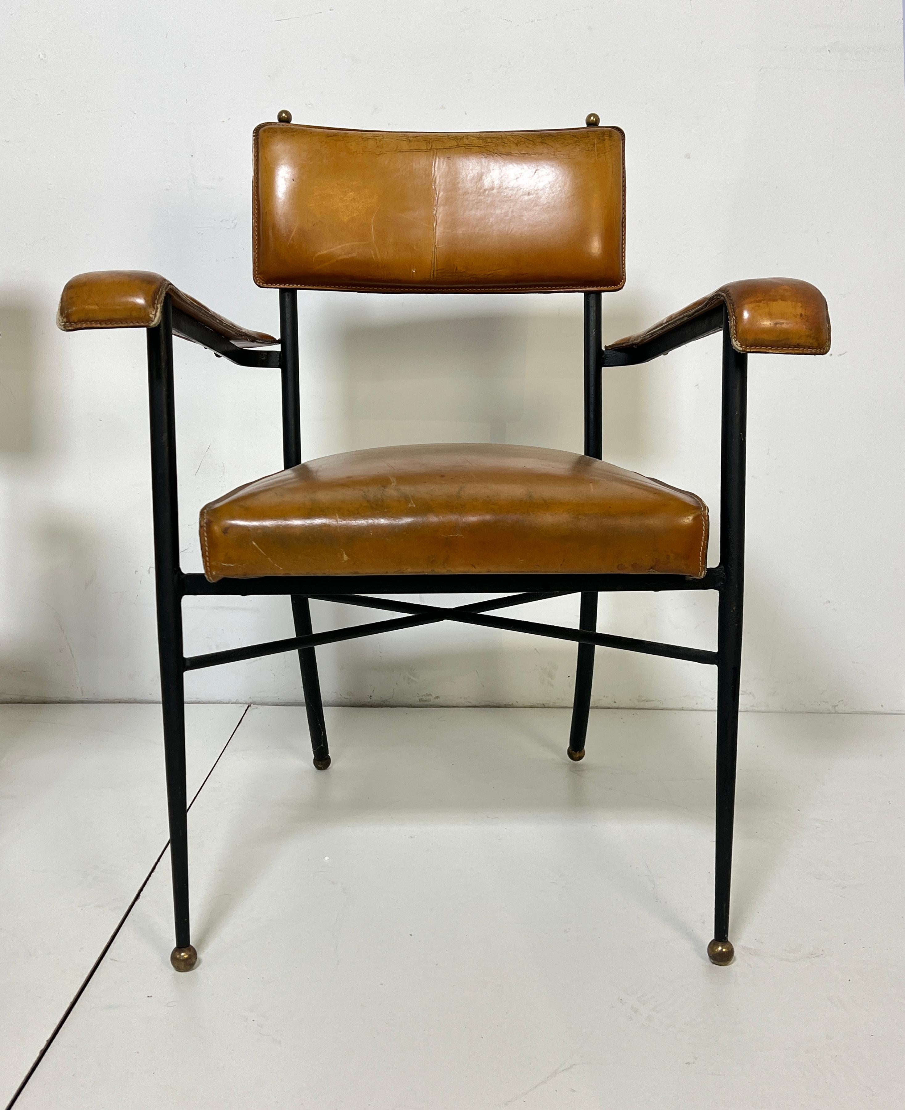 Pair of Jacques Adnet Saddle Leather and Wrought Iron Armchairs Circa 1940s en vente 5