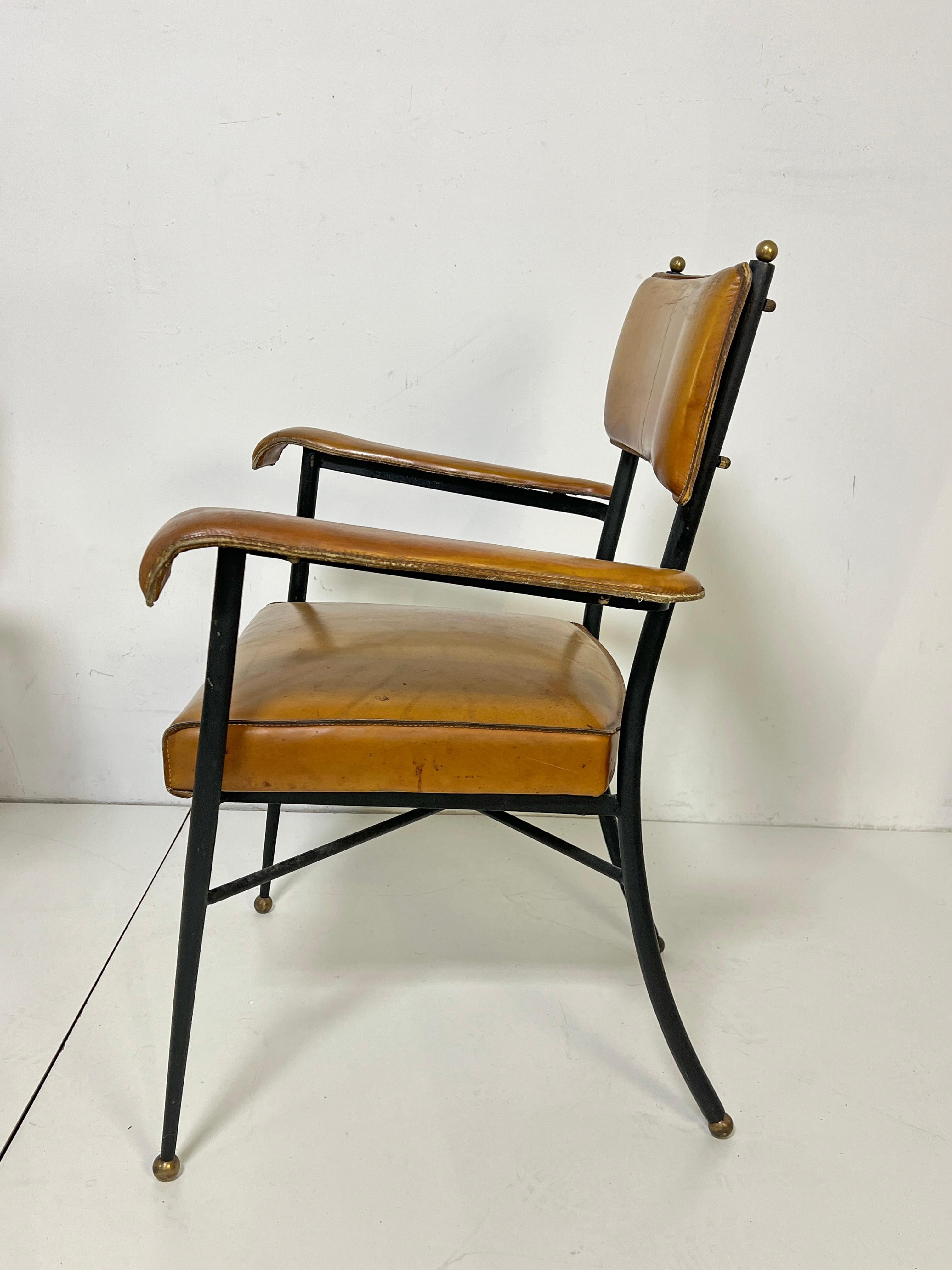 Pair of Jacques Adnet Saddle Leather and Wrought Iron Armchairs Circa 1940s en vente 6