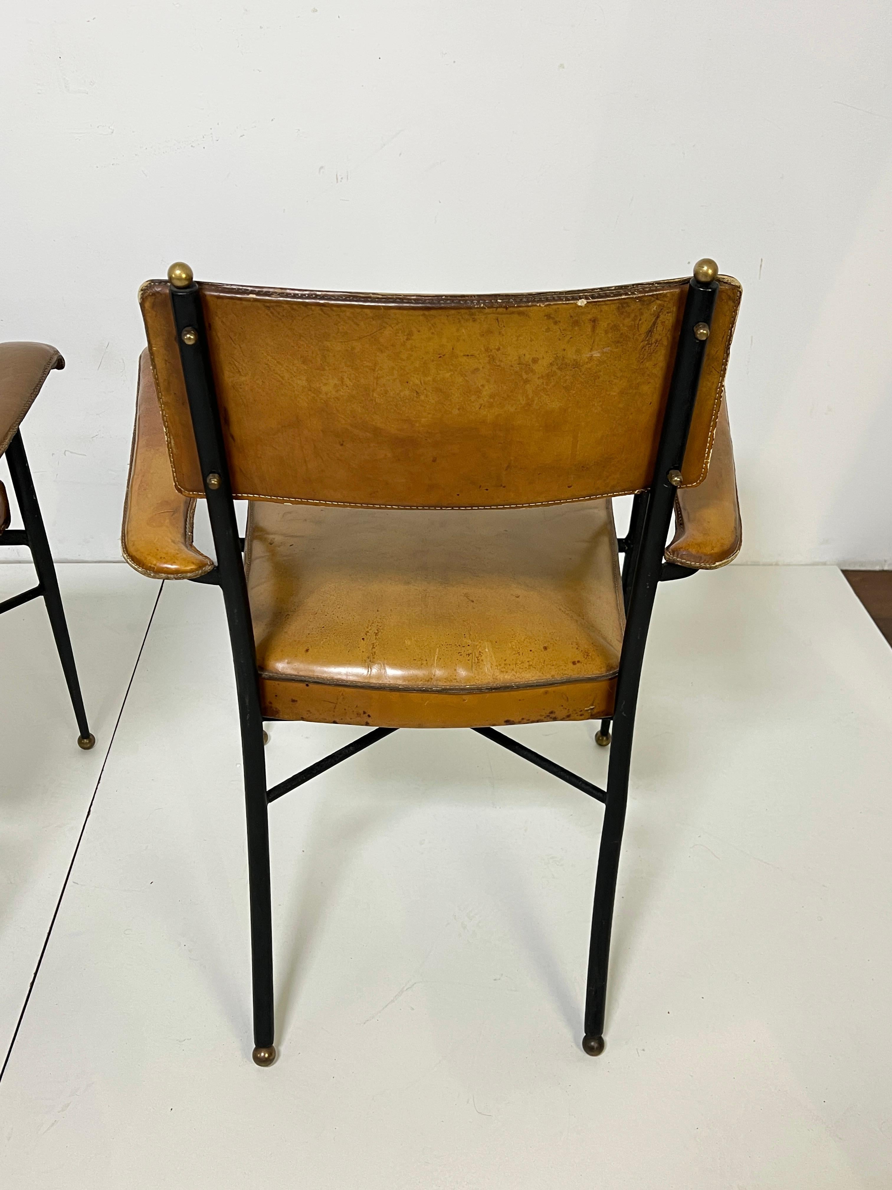Pair of Jacques Adnet Saddle Leather and Wrought Iron Armchairs Circa 1940s en vente 7