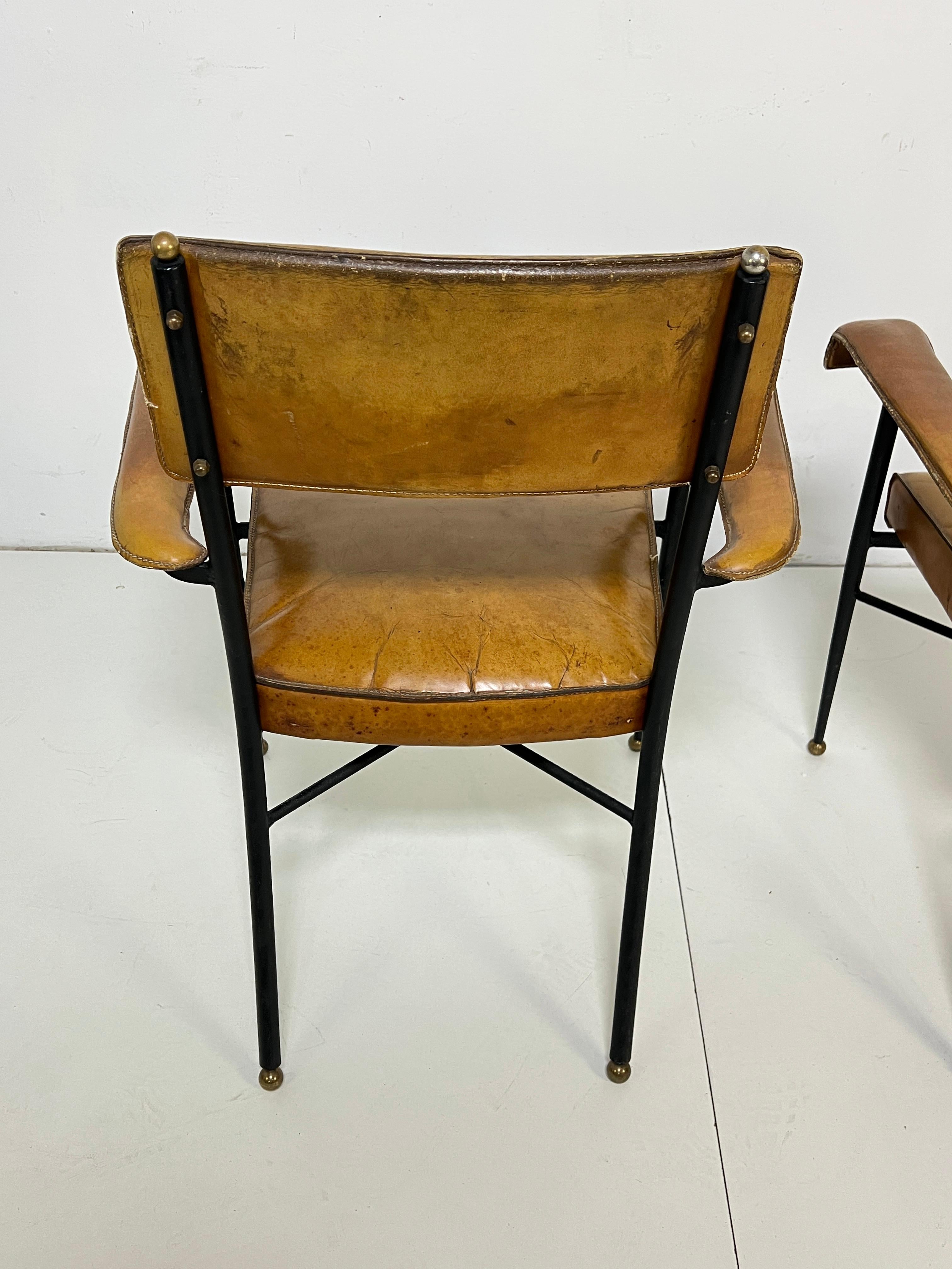 Pair of Jacques Adnet Saddle Leather and Wrought Iron Armchairs Circa 1940s en vente 8