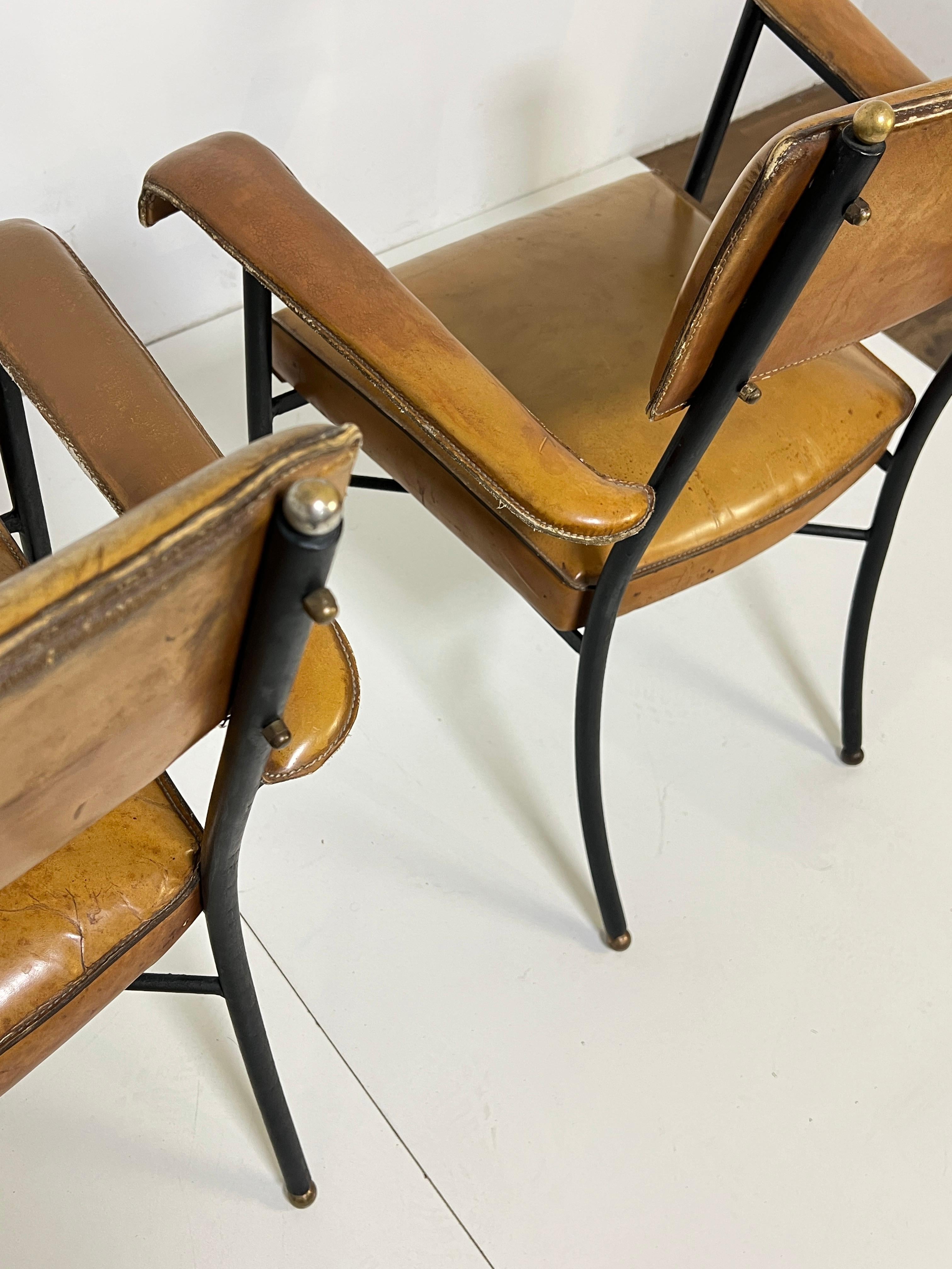 Pair of Jacques Adnet Saddle Leather and Wrought Iron Armchairs Circa 1940s en vente 9