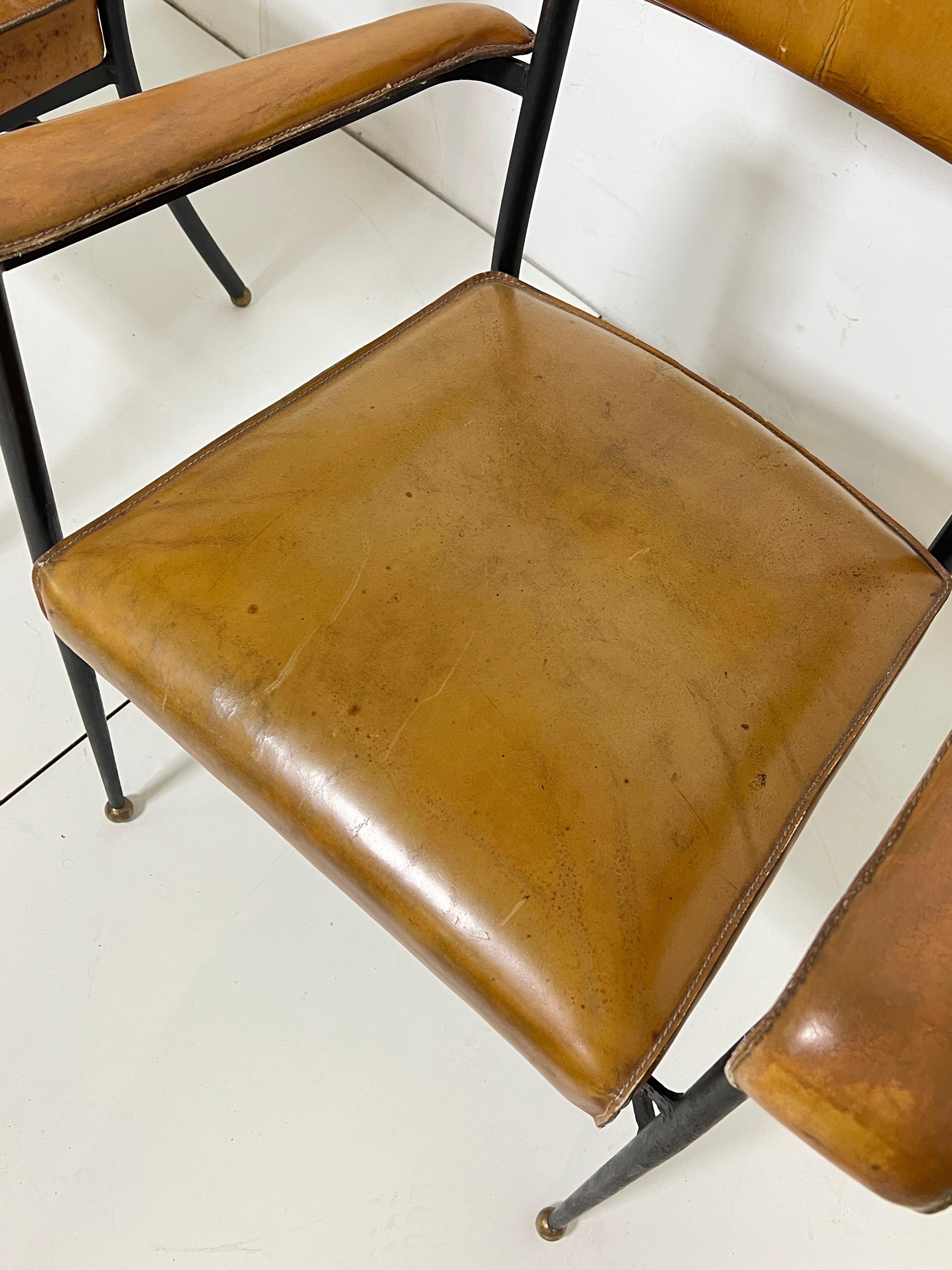 Pair of Jacques Adnet Saddle Leather and Wrought Iron Armchairs Circa 1940s en vente 1