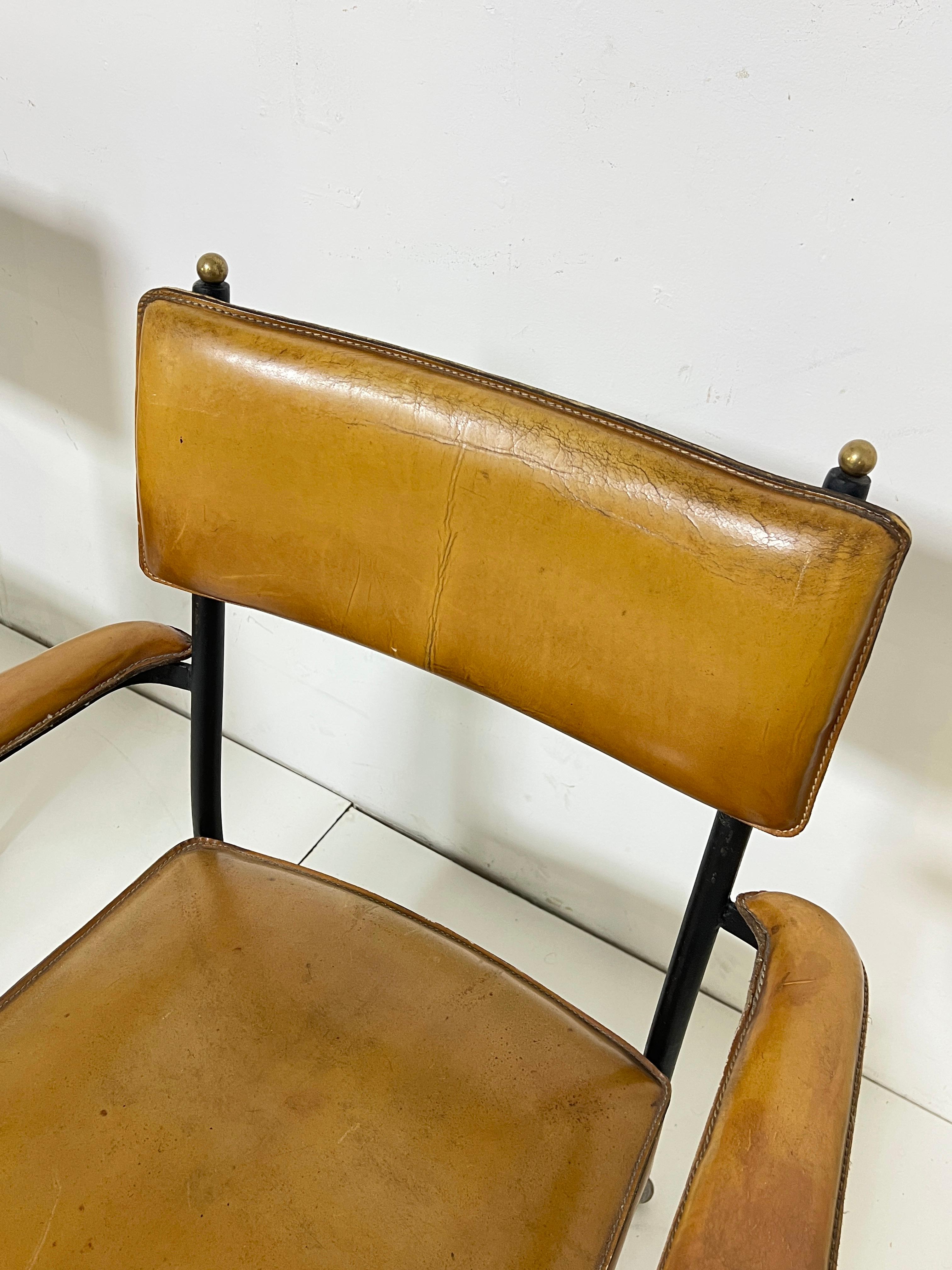 Pair of Jacques Adnet Saddle Leather and Wrought Iron Armchairs Circa 1940s en vente 2