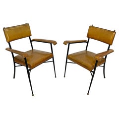 Pair of Jacques Adnet Saddle Leather and Wrought Iron Armchairs Circa 1940s