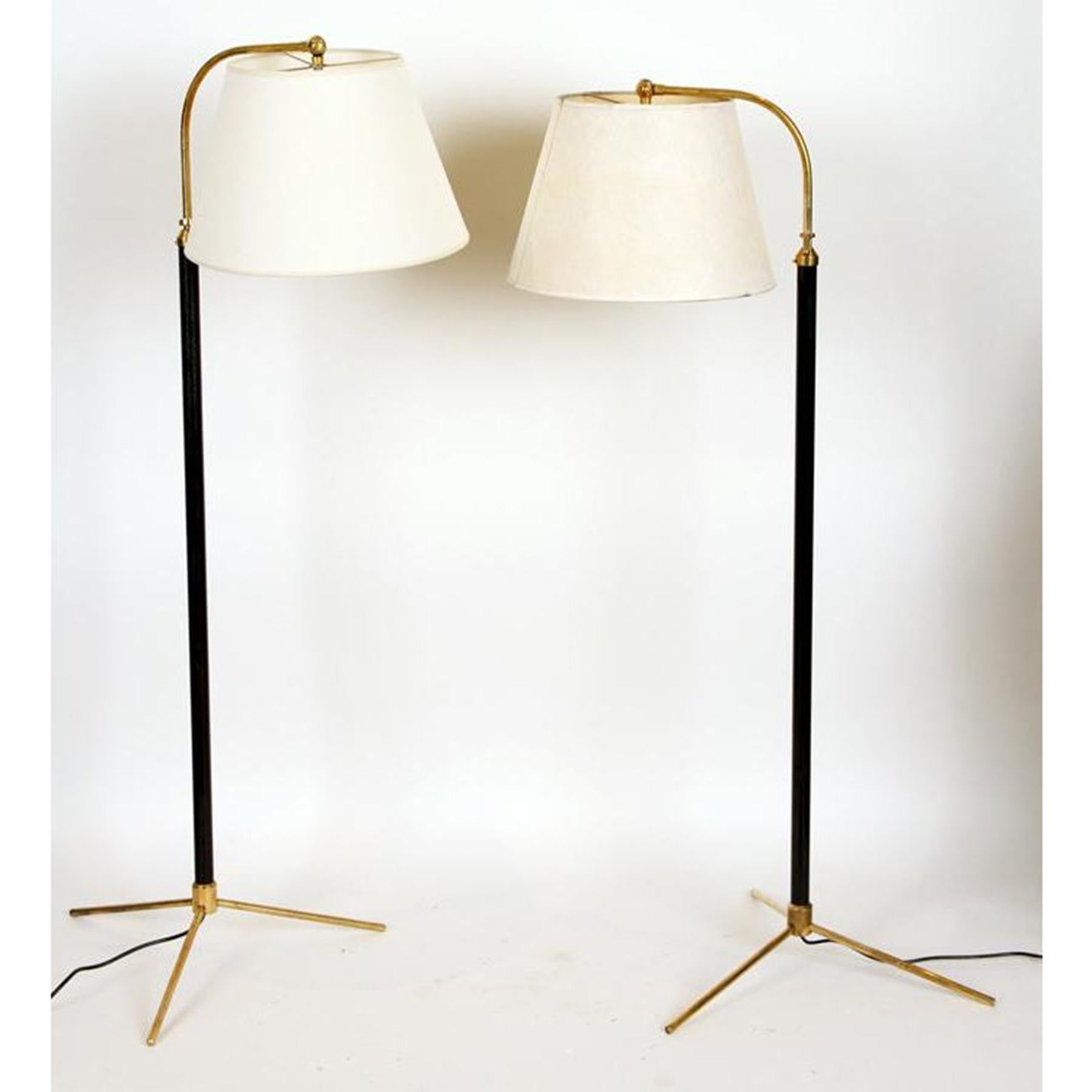 20th Century Pair of Midcentury Jacques Adnet Style Black and Brass Floor Lamps