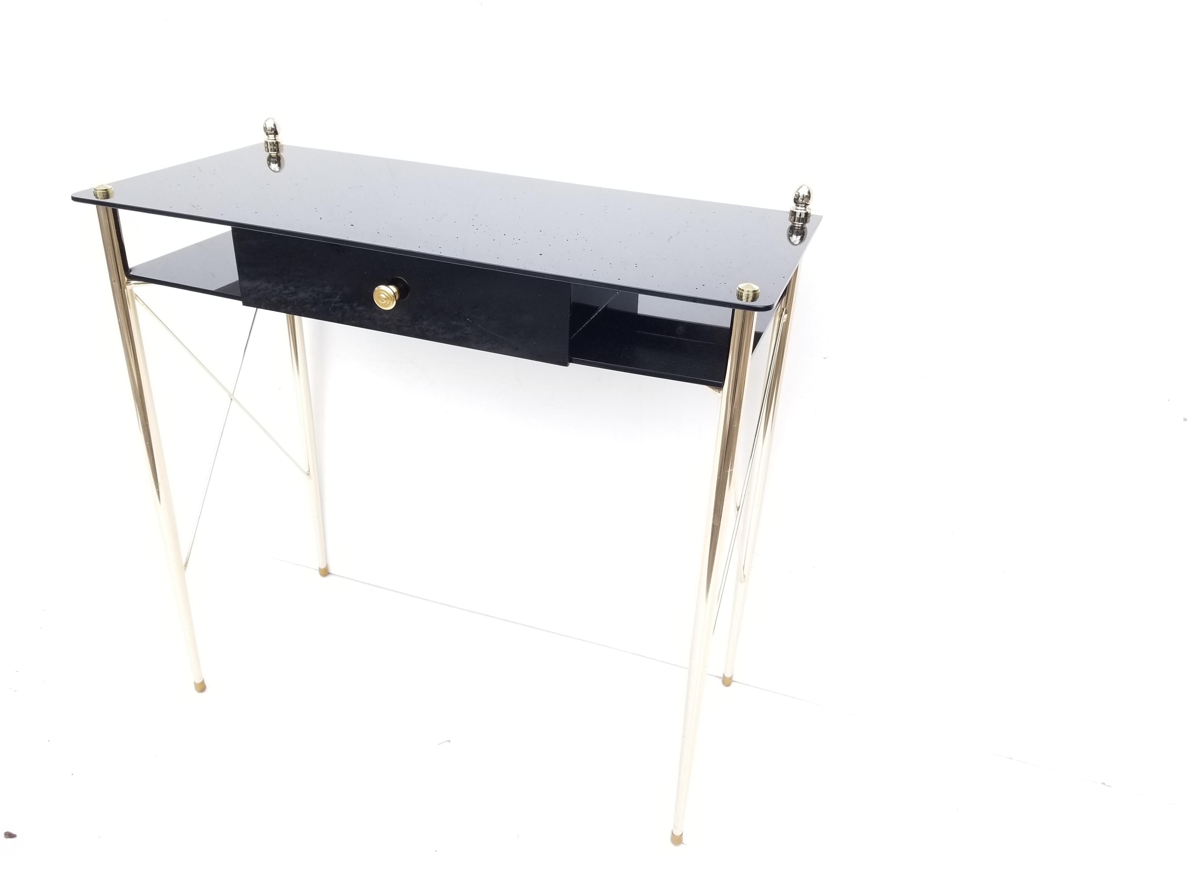 Jacques Adnet Style Brass & Black Opaline Glass Console, Table - Pair  3