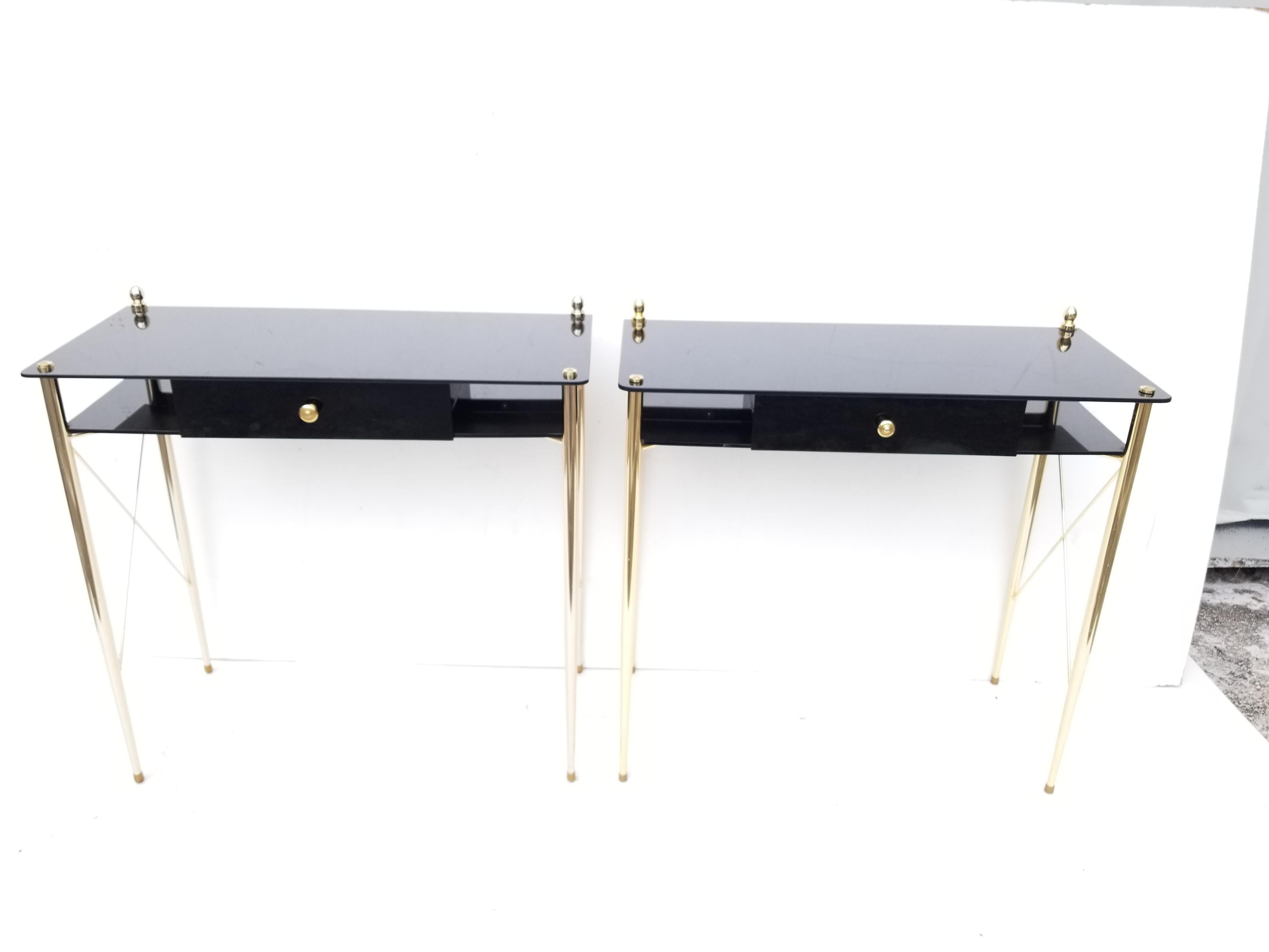 Jacques Adnet Style Brass & Black Opaline Glass Console, Table - Pair  4
