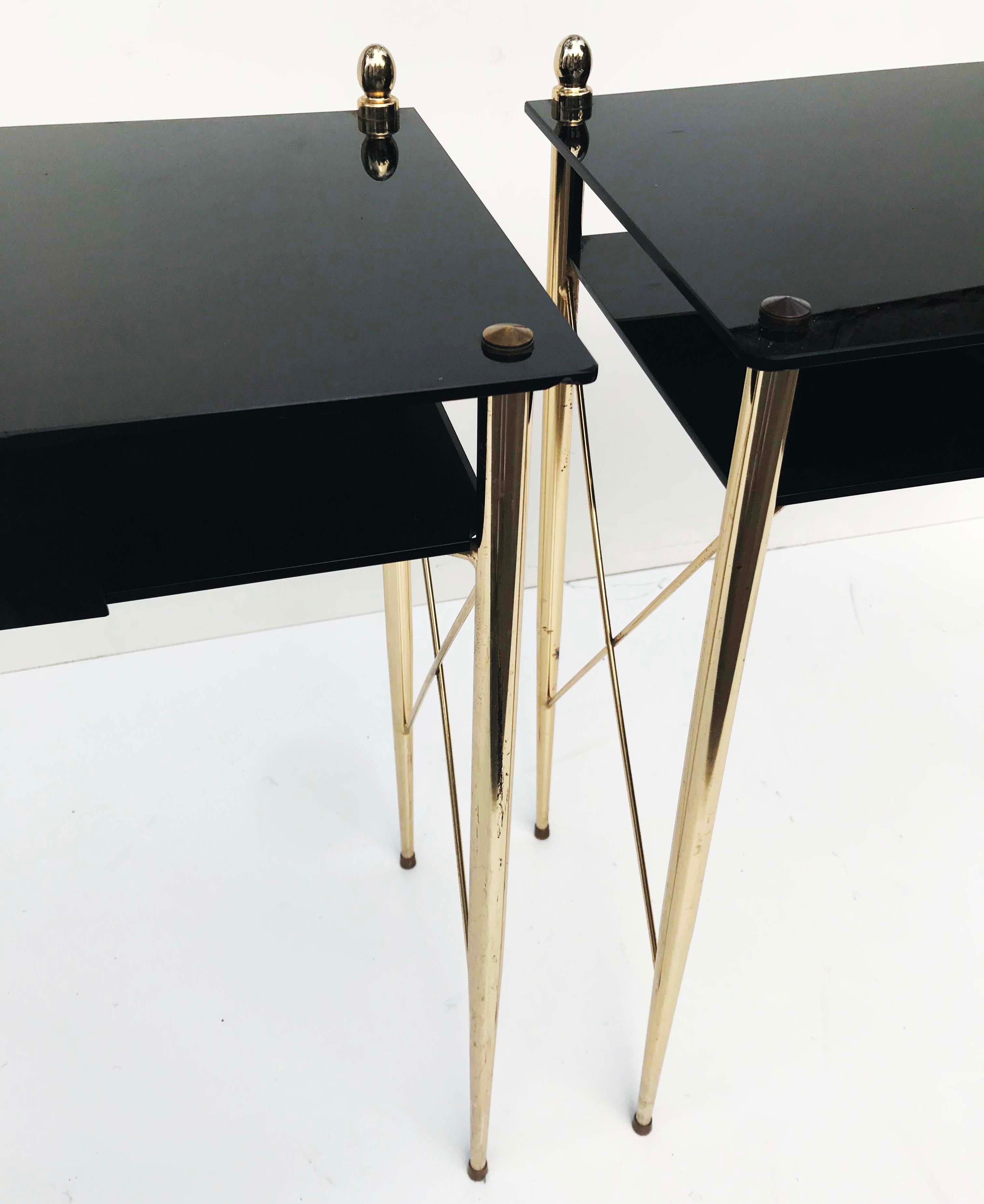 French Jacques Adnet Style Brass & Black Opaline Glass Console, Table - Pair 