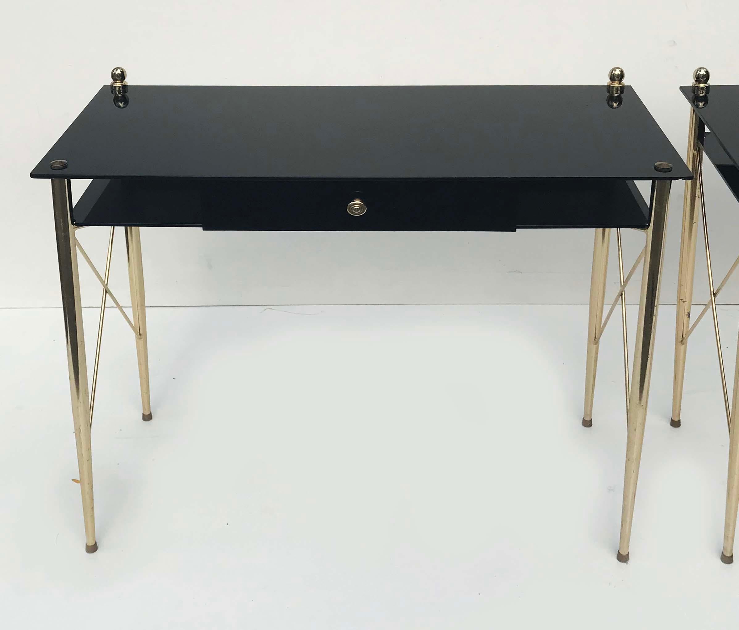 Polished Jacques Adnet Style Brass & Black Opaline Glass Console, Table - Pair 