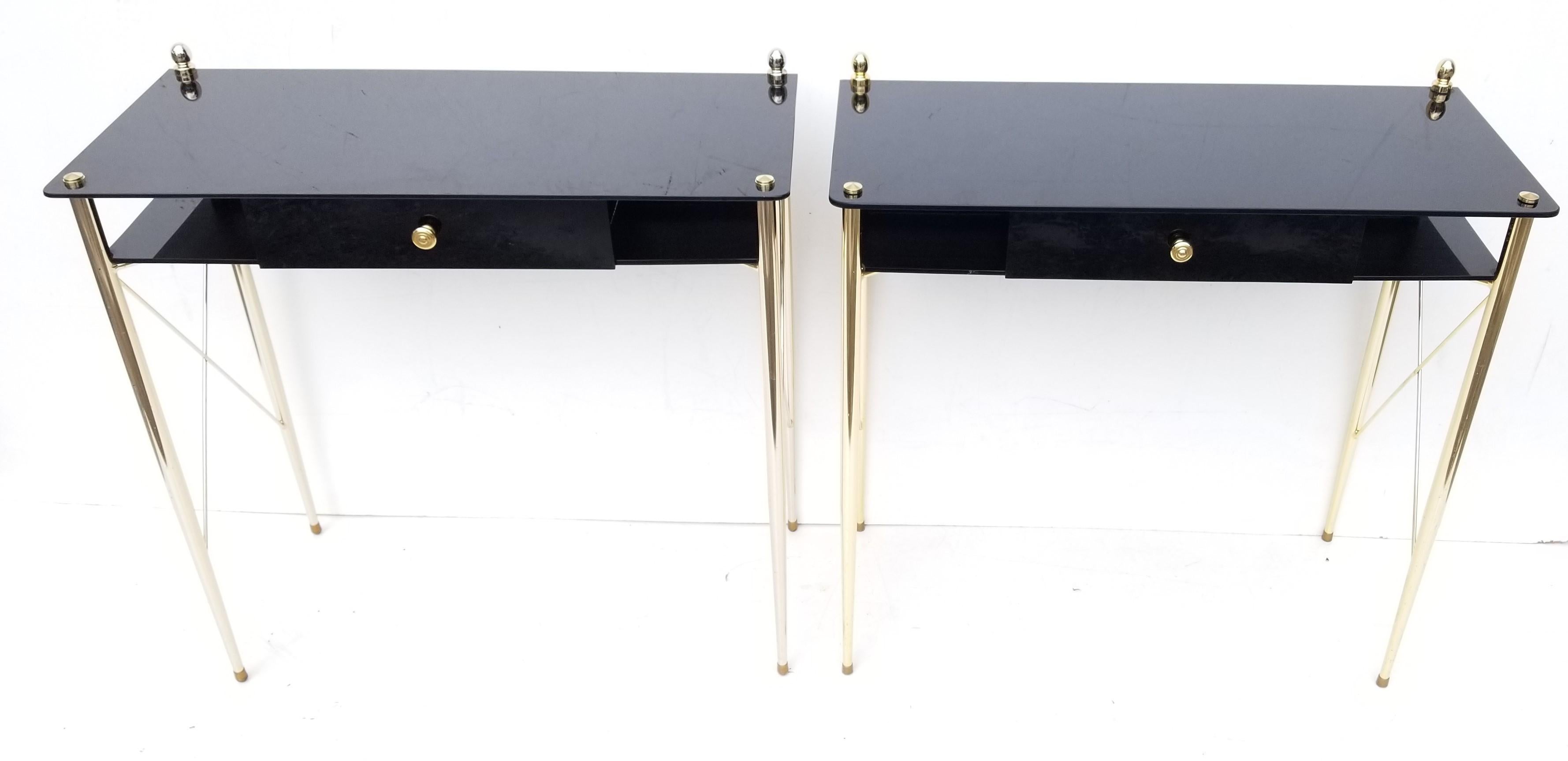 Jacques Adnet Style Brass & Black Opaline Glass Console, Table - Pair  In Good Condition In Miami, FL