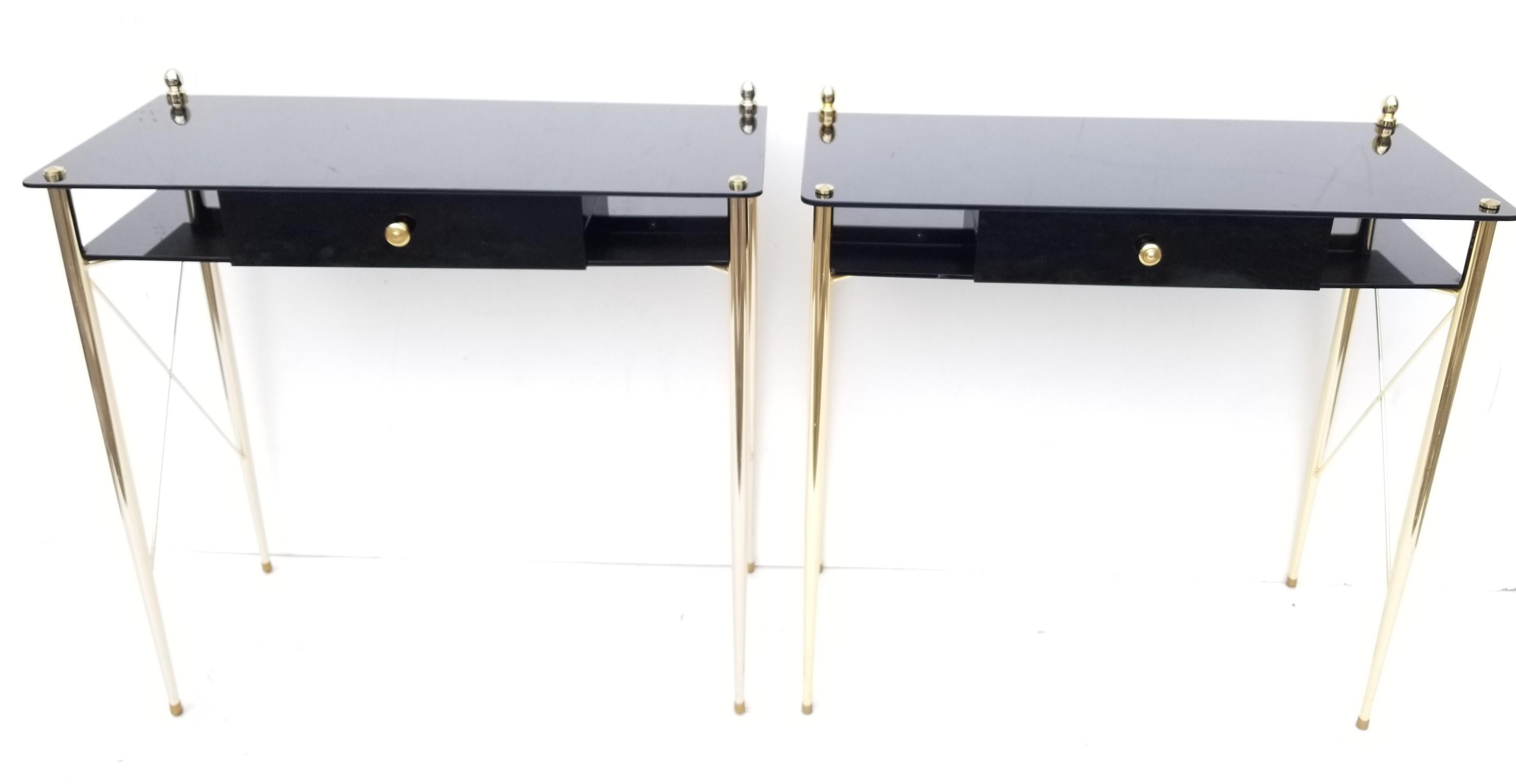 Mid-20th Century Jacques Adnet Style Brass & Black Opaline Glass Console, Table - Pair 