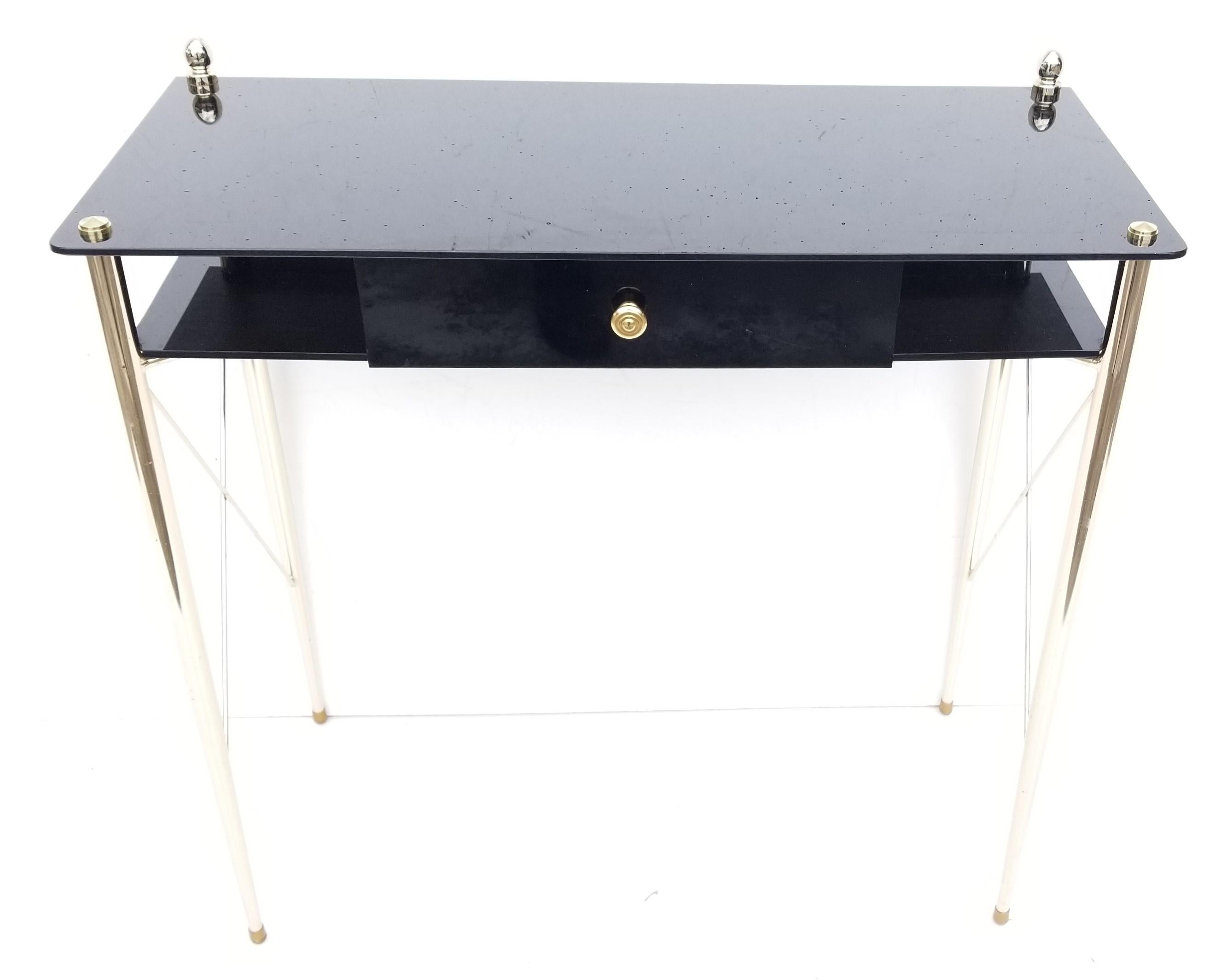 Jacques Adnet Style Brass & Black Opaline Glass Console, Table - Pair  1