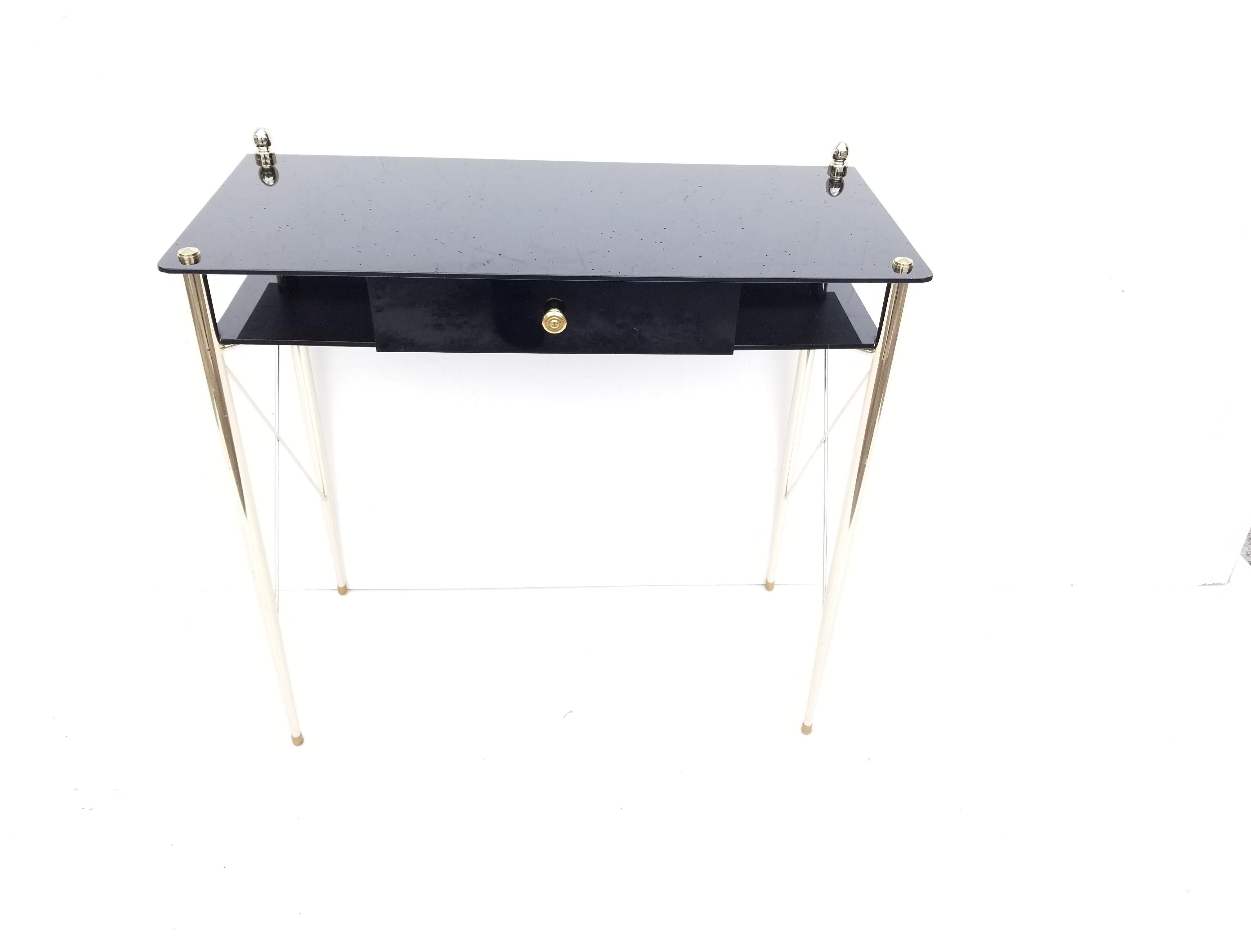Jacques Adnet Style Brass & Black Opaline Glass Console, Table - Pair  2
