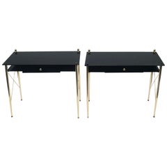 Jacques Adnet Style Brass & Black Opaline Glass Console, Table - Pair 
