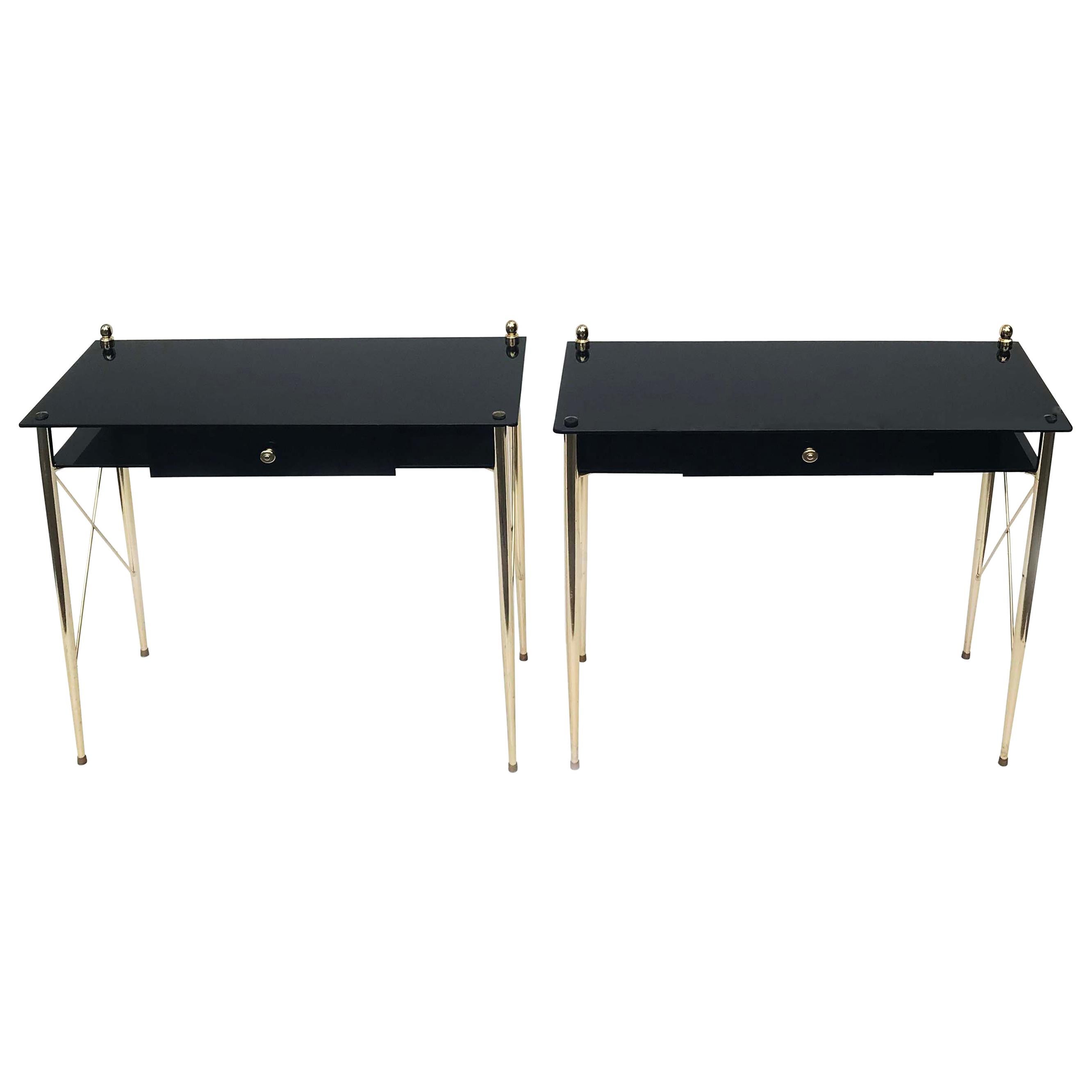 Pair of Jacques Adnet Style Black Opaline Console For Sale