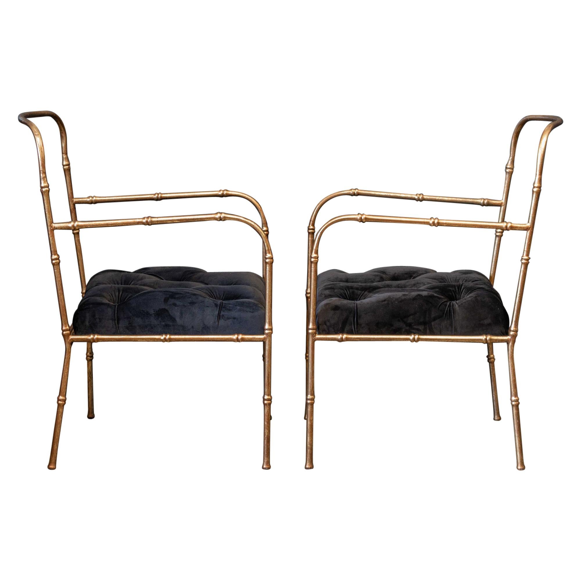 Pair of Jacques Adnet Style Faux Bamboo Gilt Iron Armchairs For Sale