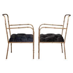 Pair of Jacques Adnet Style Faux Bamboo Gilt Iron Armchairs