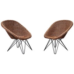 Pair of Jacques Adnet Style Rattan Lounge Chairs by Teun Velthuizen for Urotan