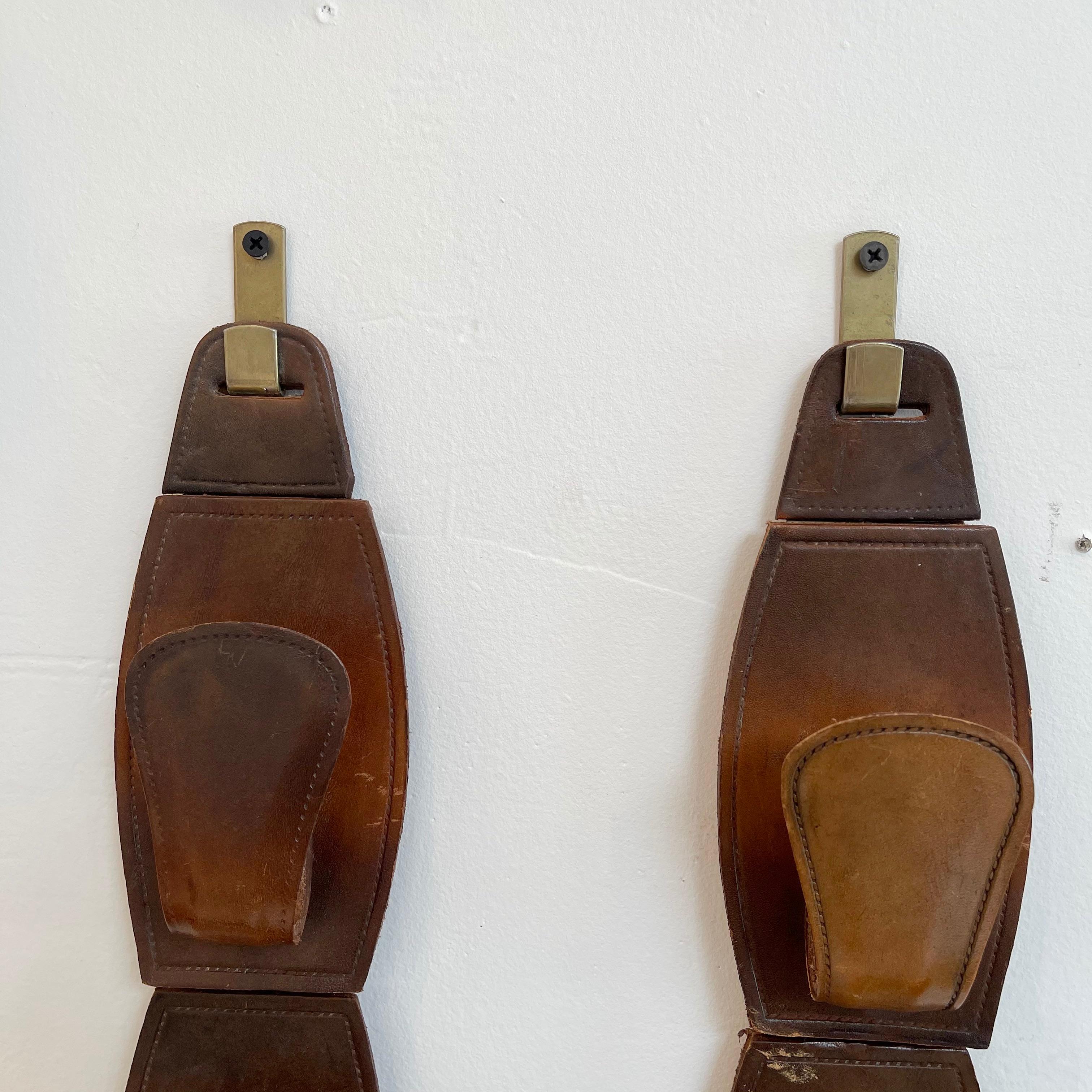 Pair of Jacques Adnet Style Saddle Leather Wall Hooks For Sale 5