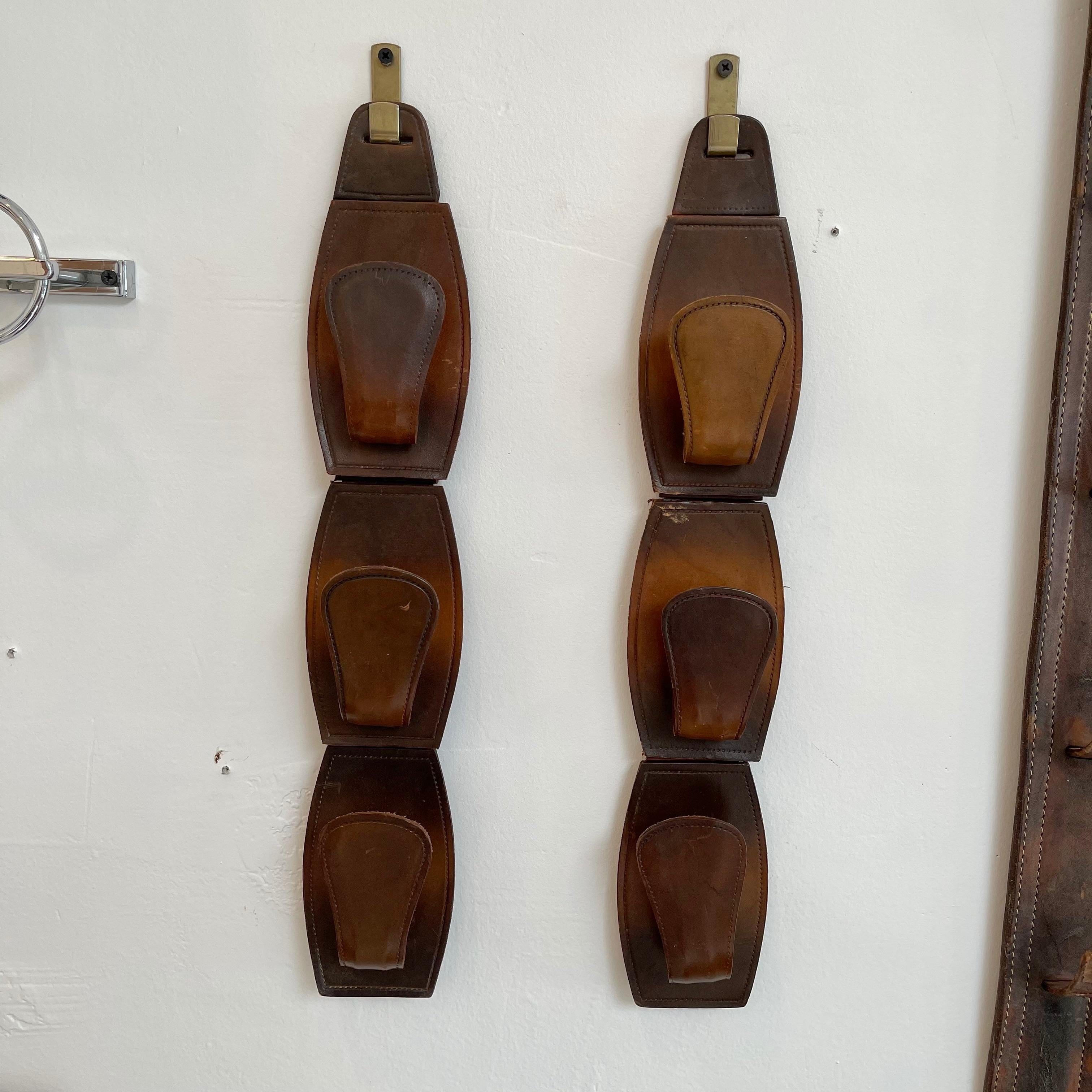Pair of Jacques Adnet Style Saddle Leather Wall Hooks For Sale 6