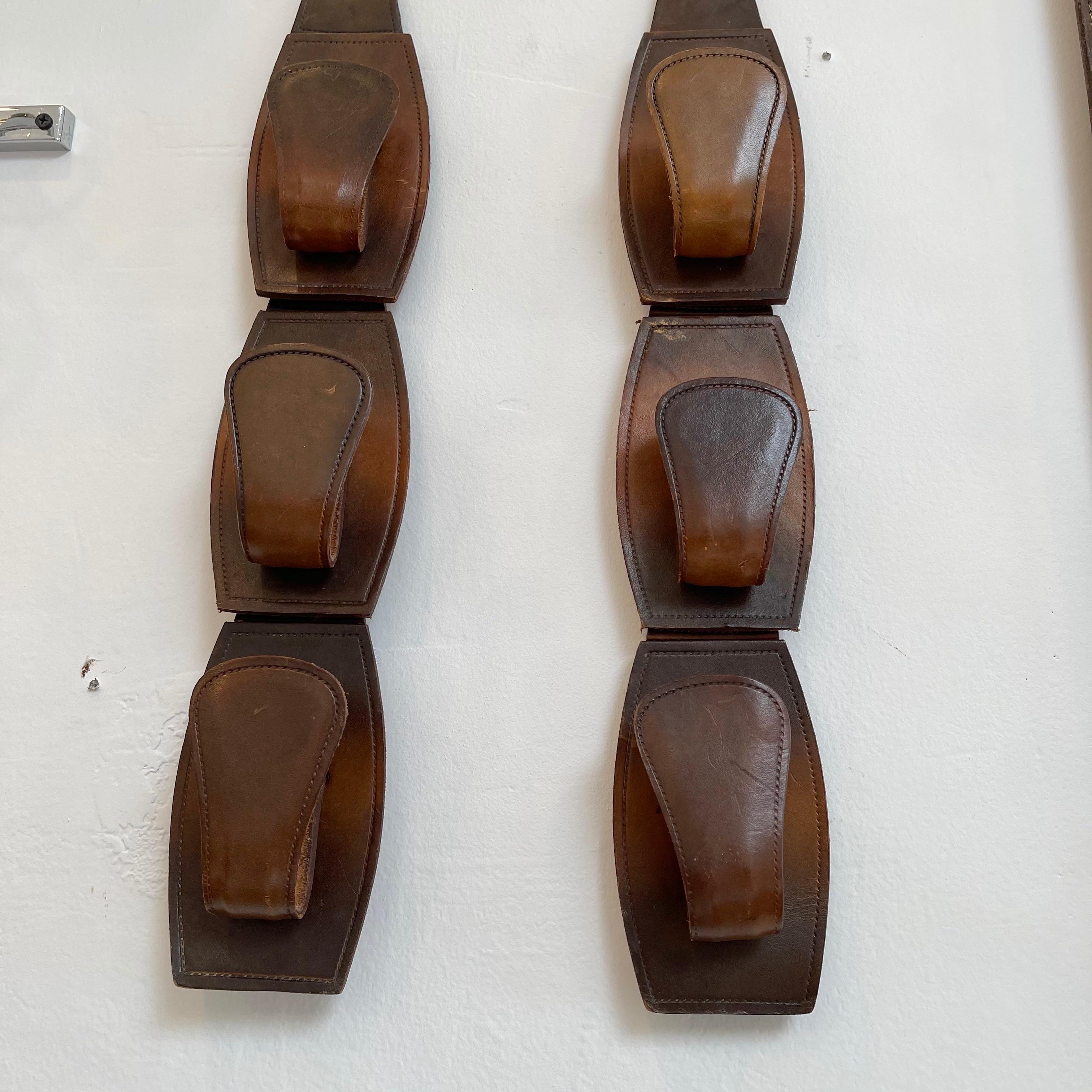 French Pair of Jacques Adnet Style Saddle Leather Wall Hooks For Sale