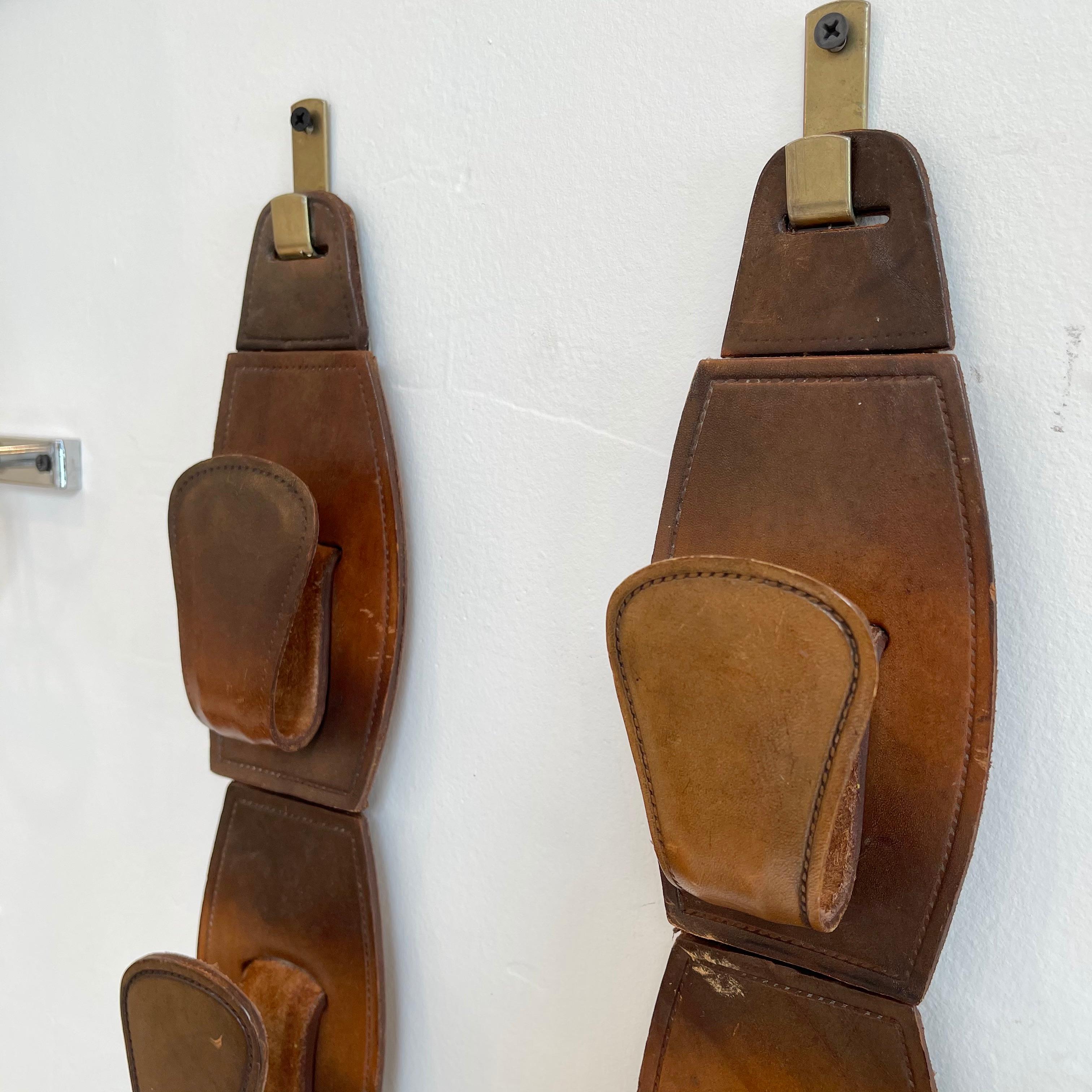 Pair of Jacques Adnet Style Saddle Leather Wall Hooks For Sale 1