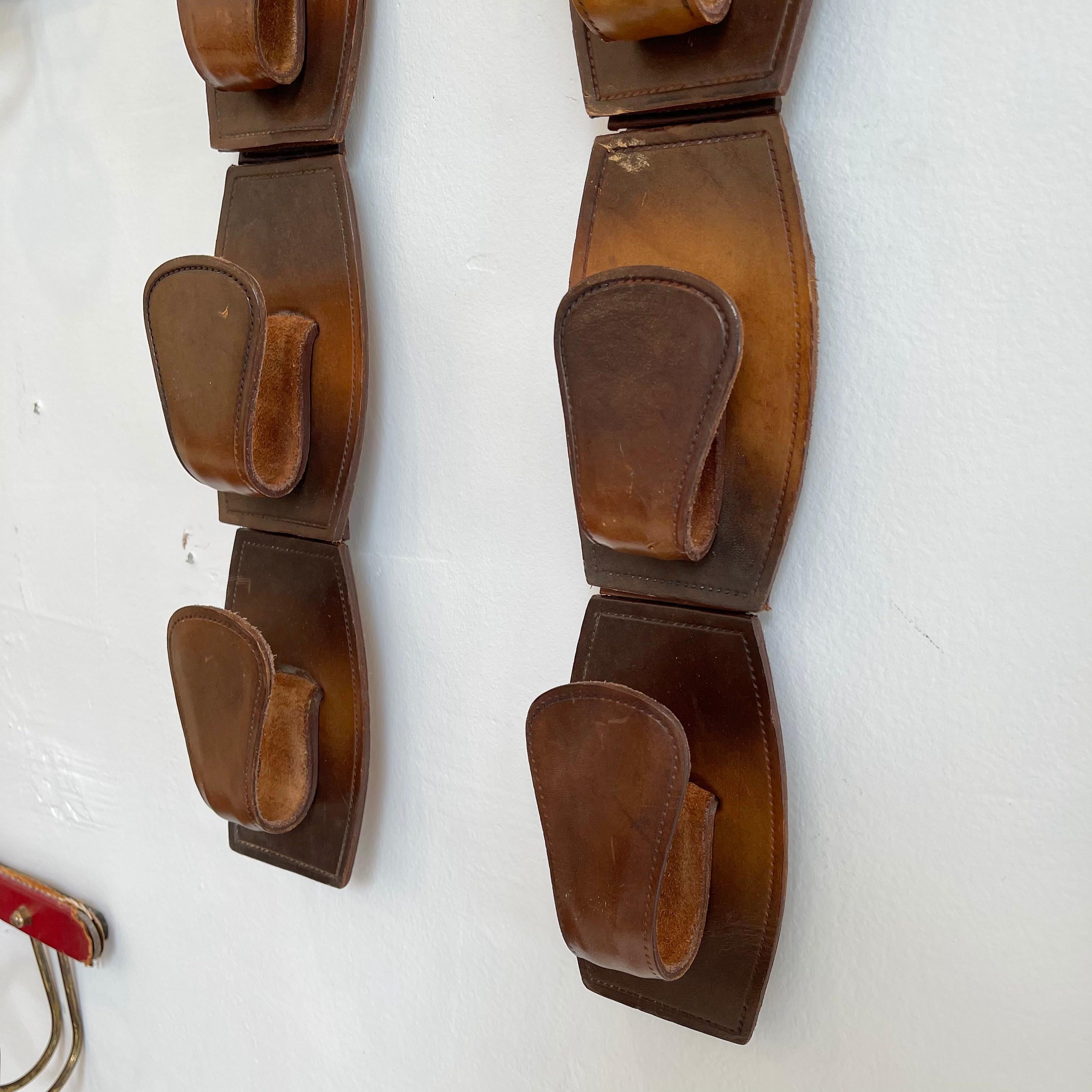 Pair of Jacques Adnet Style Saddle Leather Wall Hooks For Sale 2