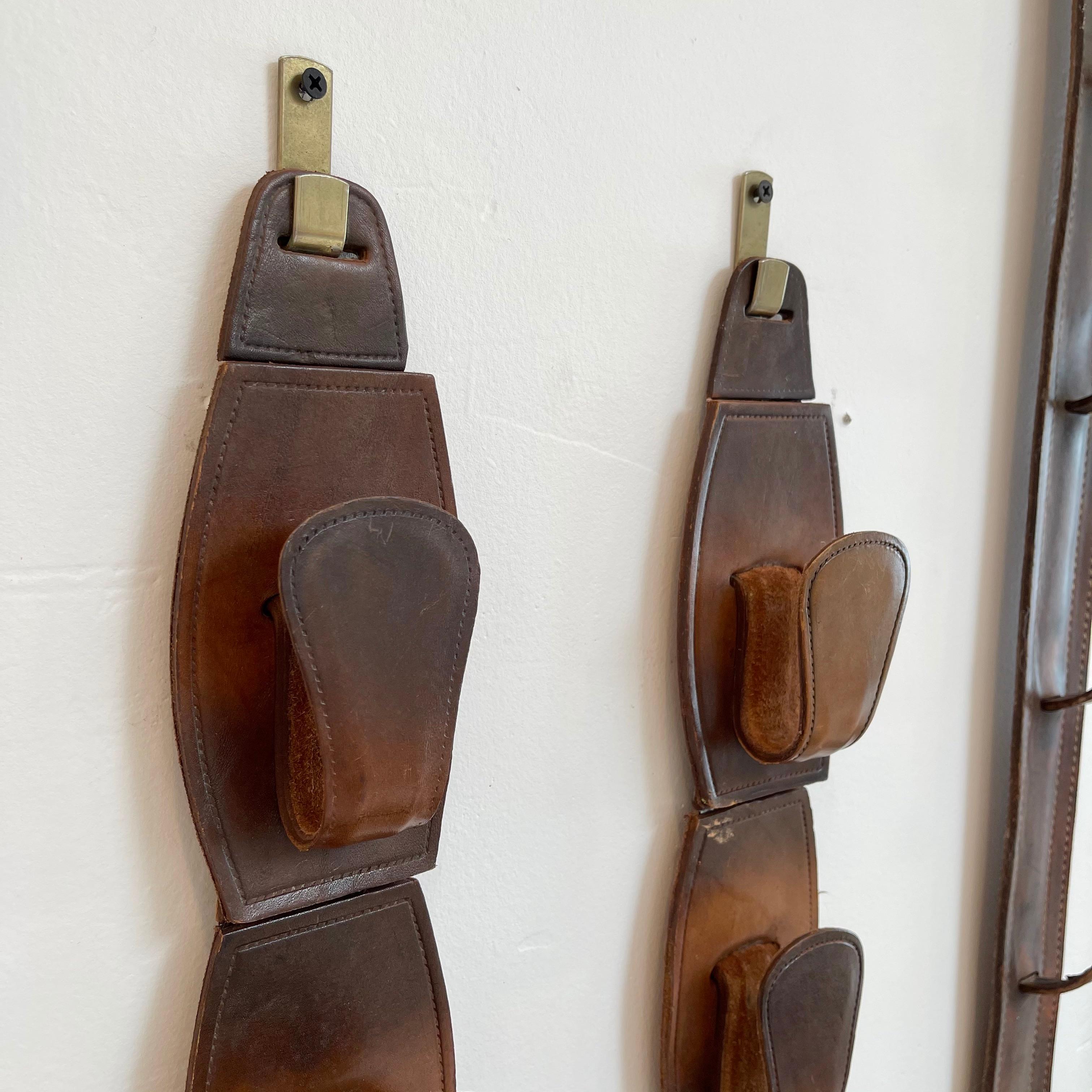 Pair of Jacques Adnet Style Saddle Leather Wall Hooks For Sale 3