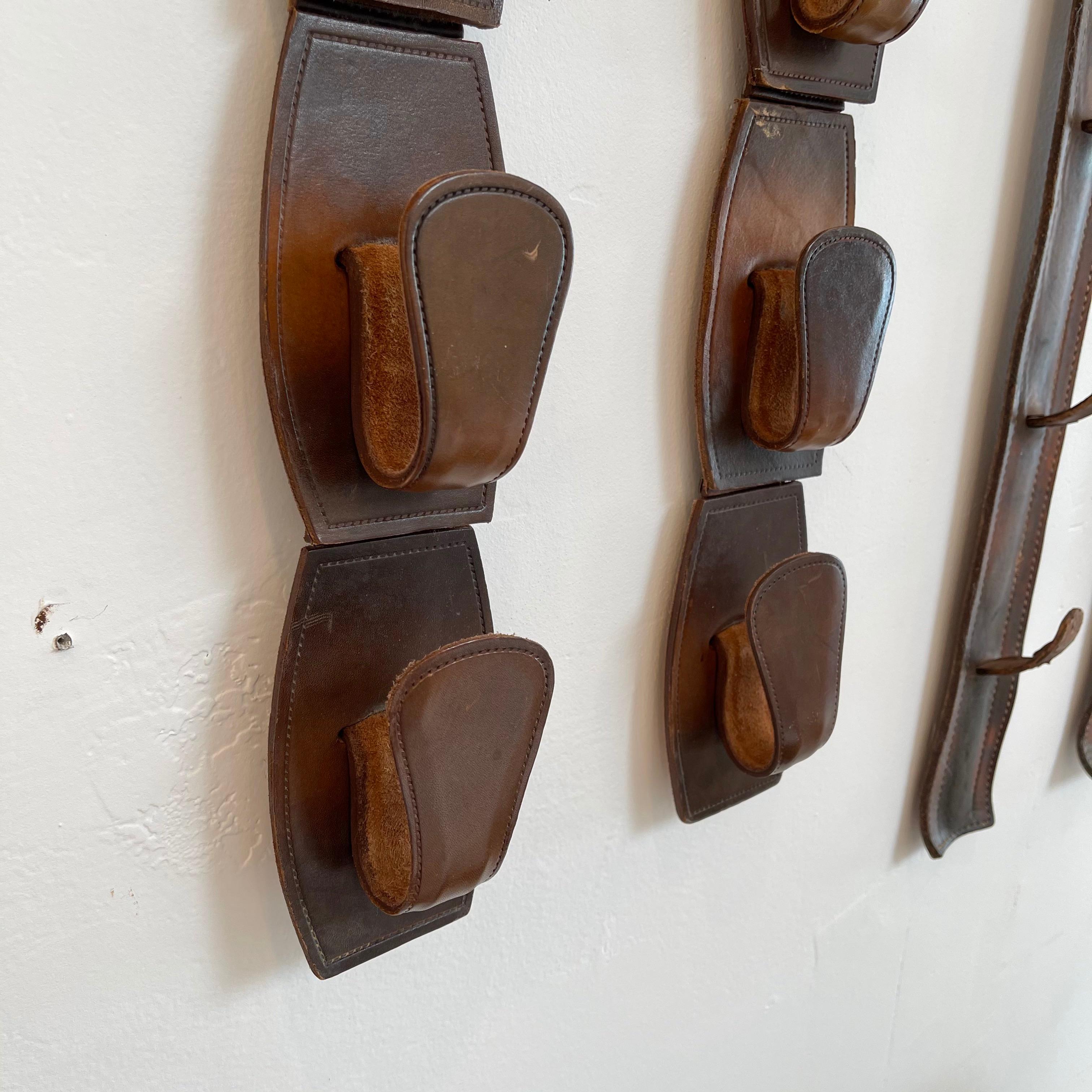 Pair of Jacques Adnet Style Saddle Leather Wall Hooks For Sale 4