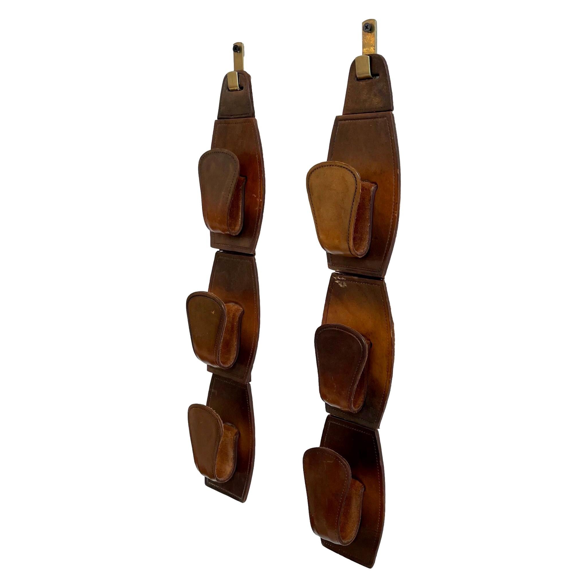 Pair of Jacques Adnet Style Saddle Leather Wall Hooks For Sale