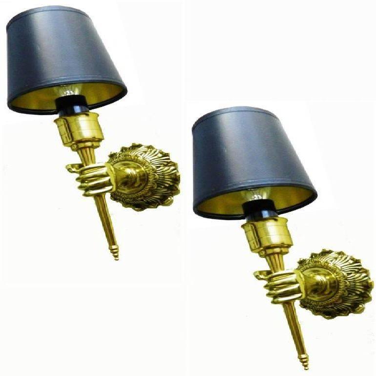 Superb pair of sconces, Jacques Adnet styles, circa 1940s. US rewired and in working condition. Backplate dimensions: 3.5 diameter. Custom backplate available, ask for a quote. Two pairs available. Priced by pair.
Have a look on our the largest
