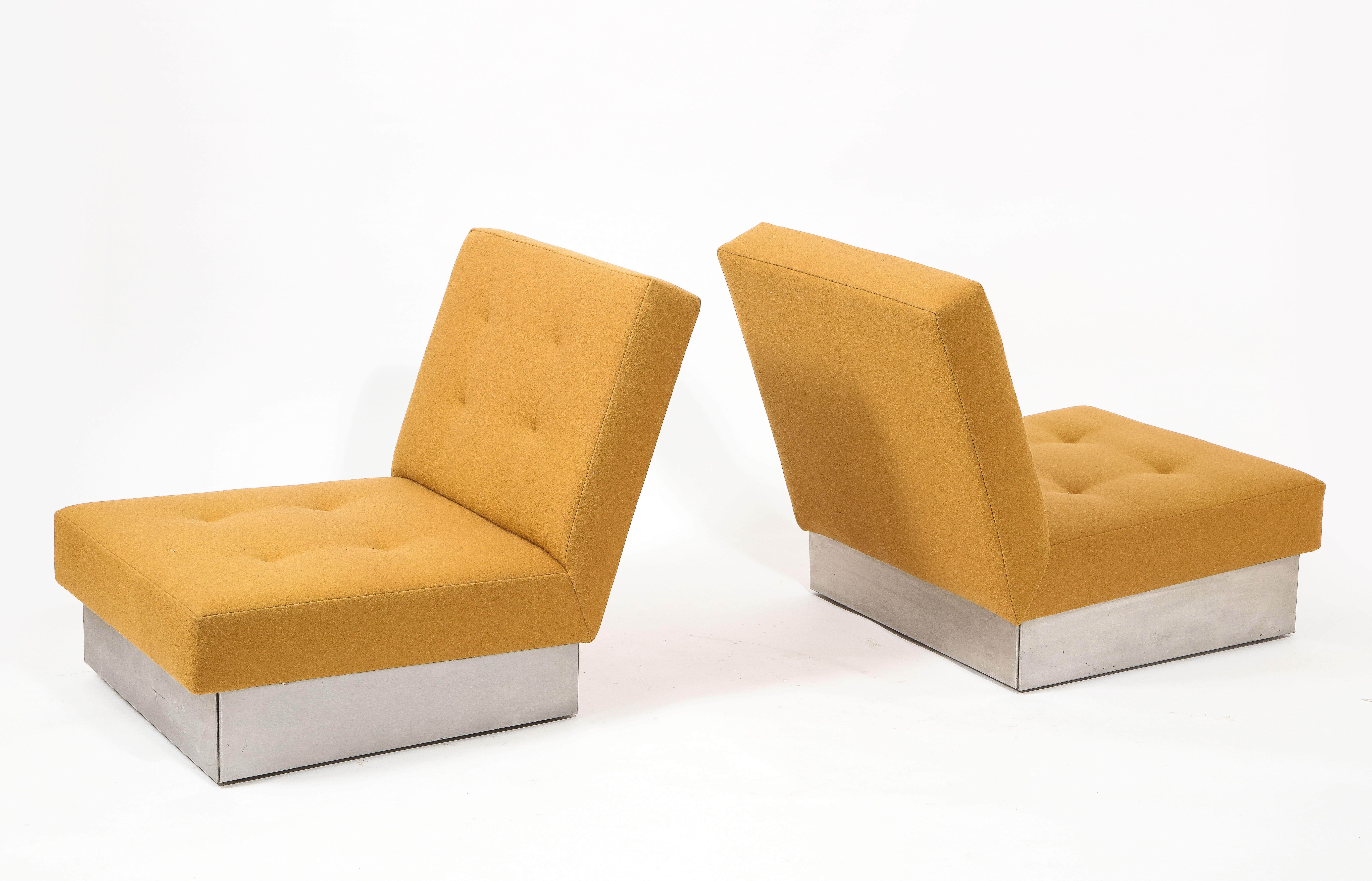 Steel Jacques Charpentier Pair Modernist Slipper Chairs in Mohair, France 1970's For Sale