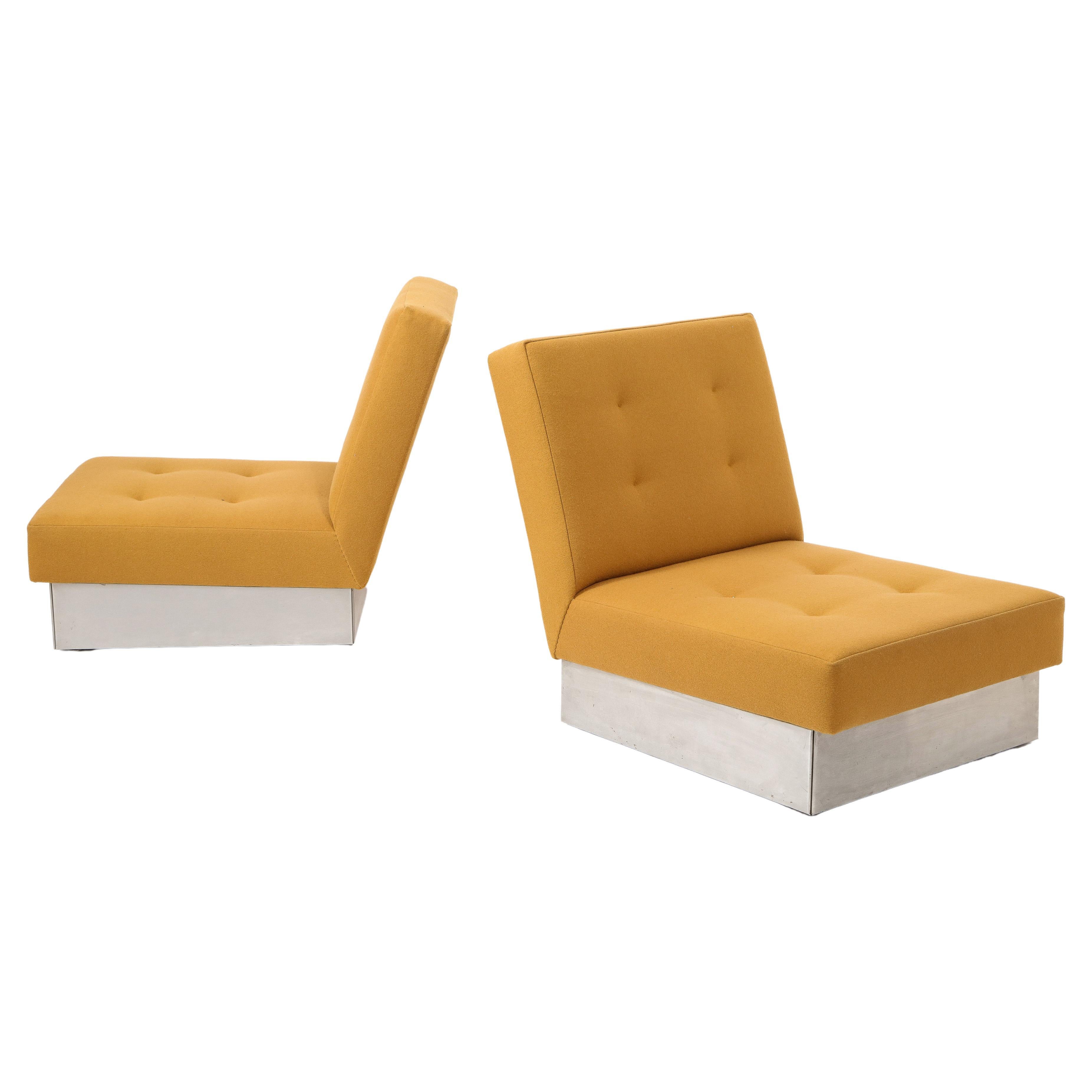 Jacques Charpentier Pair Modernist Slipper Chairs in Mohair, France 1970's For Sale