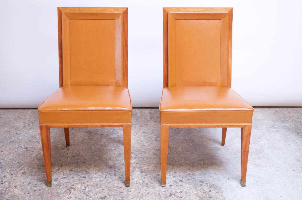Mid-Century Modern Pair of Jacques Quinet Occasional Chairs in Leather and Mahogany