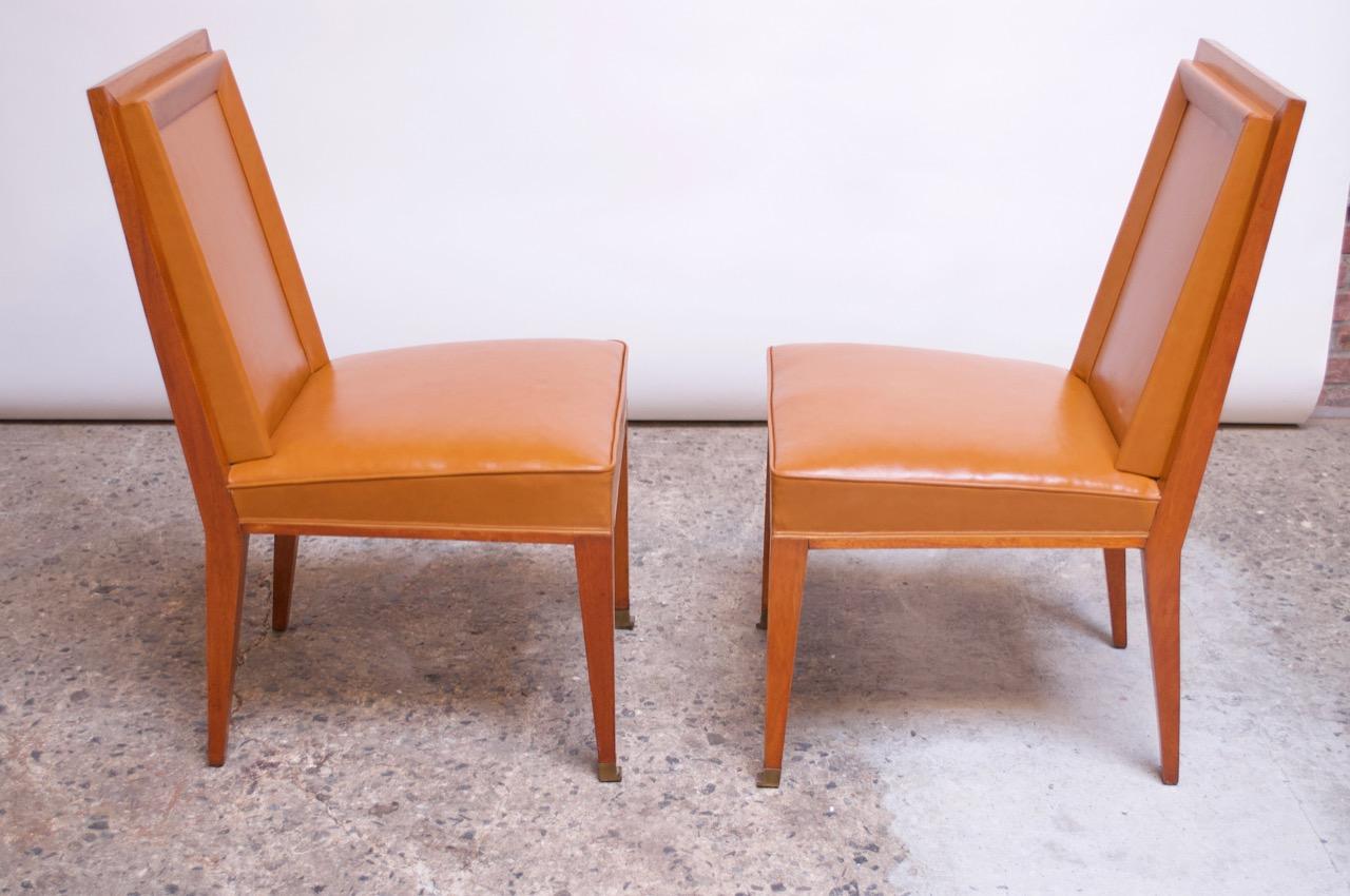 French Pair of Jacques Quinet Occasional Chairs in Leather and Mahogany