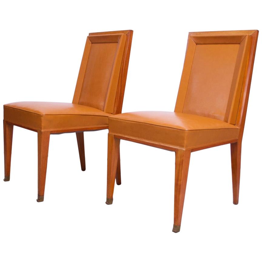 Pair of Jacques Quinet Occasional Chairs in Leather and Mahogany