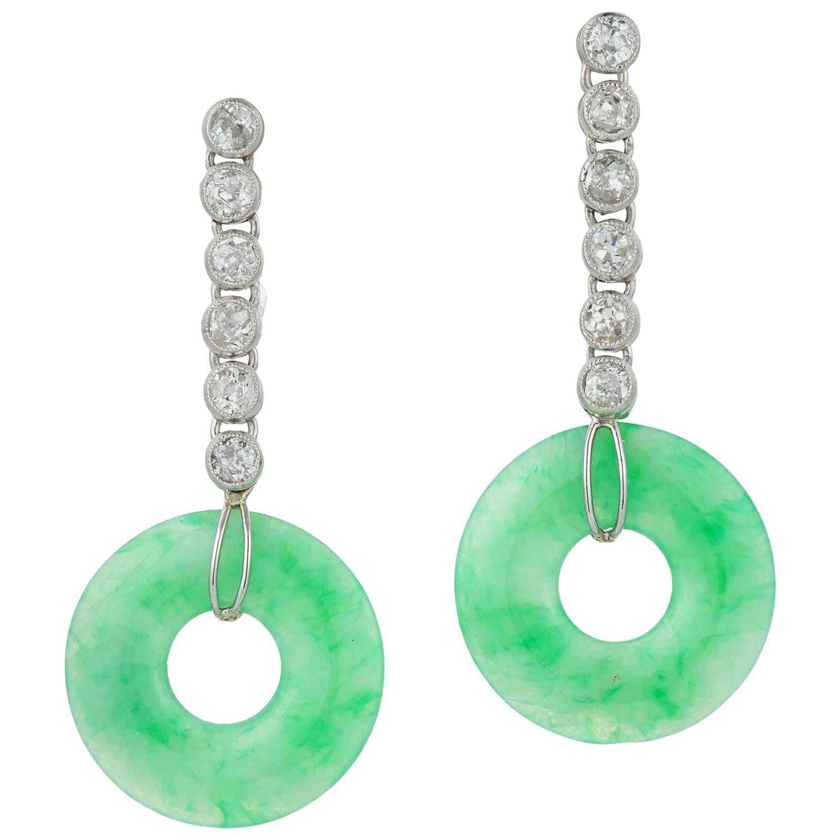Pair of Jade and Diamond Drop Earrings