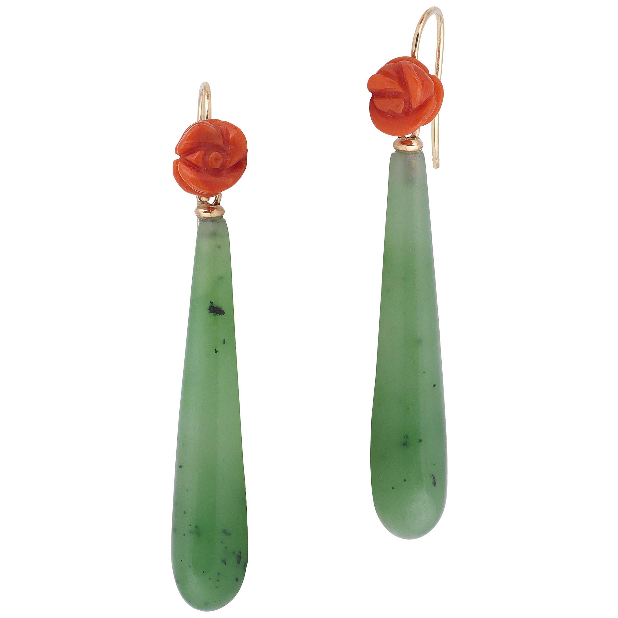 Pair of Jade, Coral and Gold Pendant Earrings