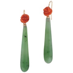 Pair of Jade, Coral and Gold Pendant Earrings