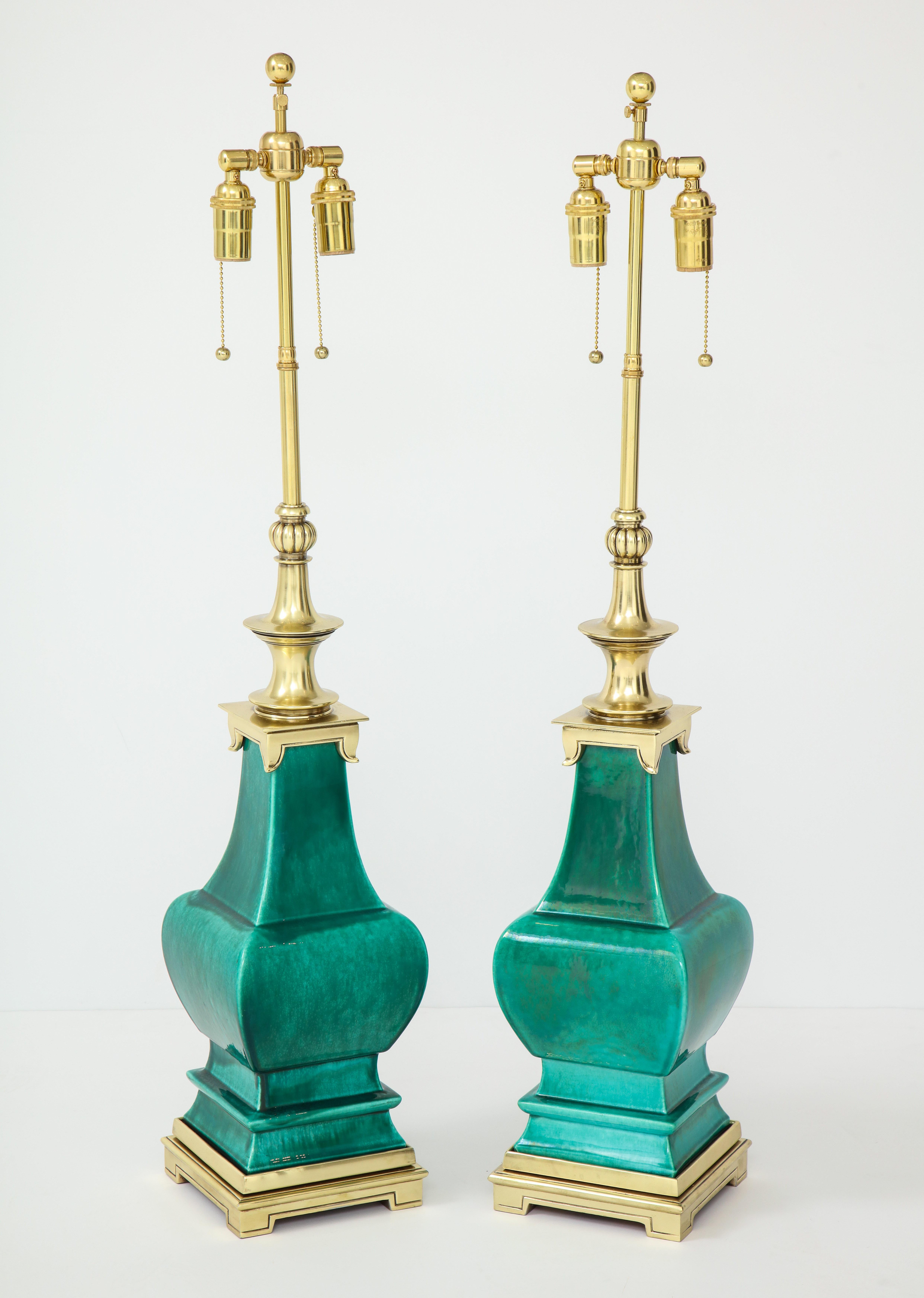 Mid-20th Century Pair of Jade Green Ceramic Lamps by Stiffel
