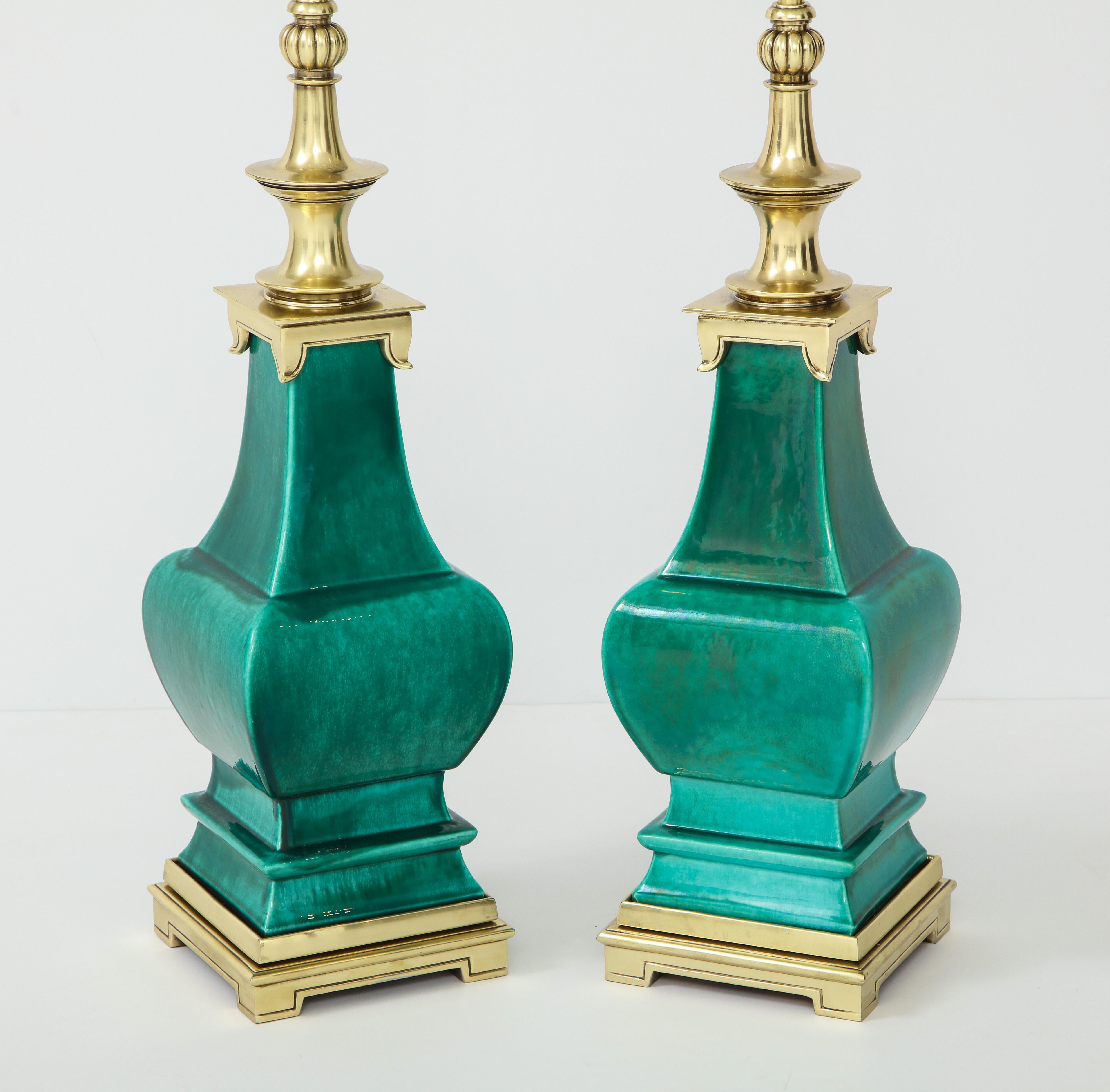 Chinoiserie Pair of Jade Green Ceramic Lamps by Stiffel