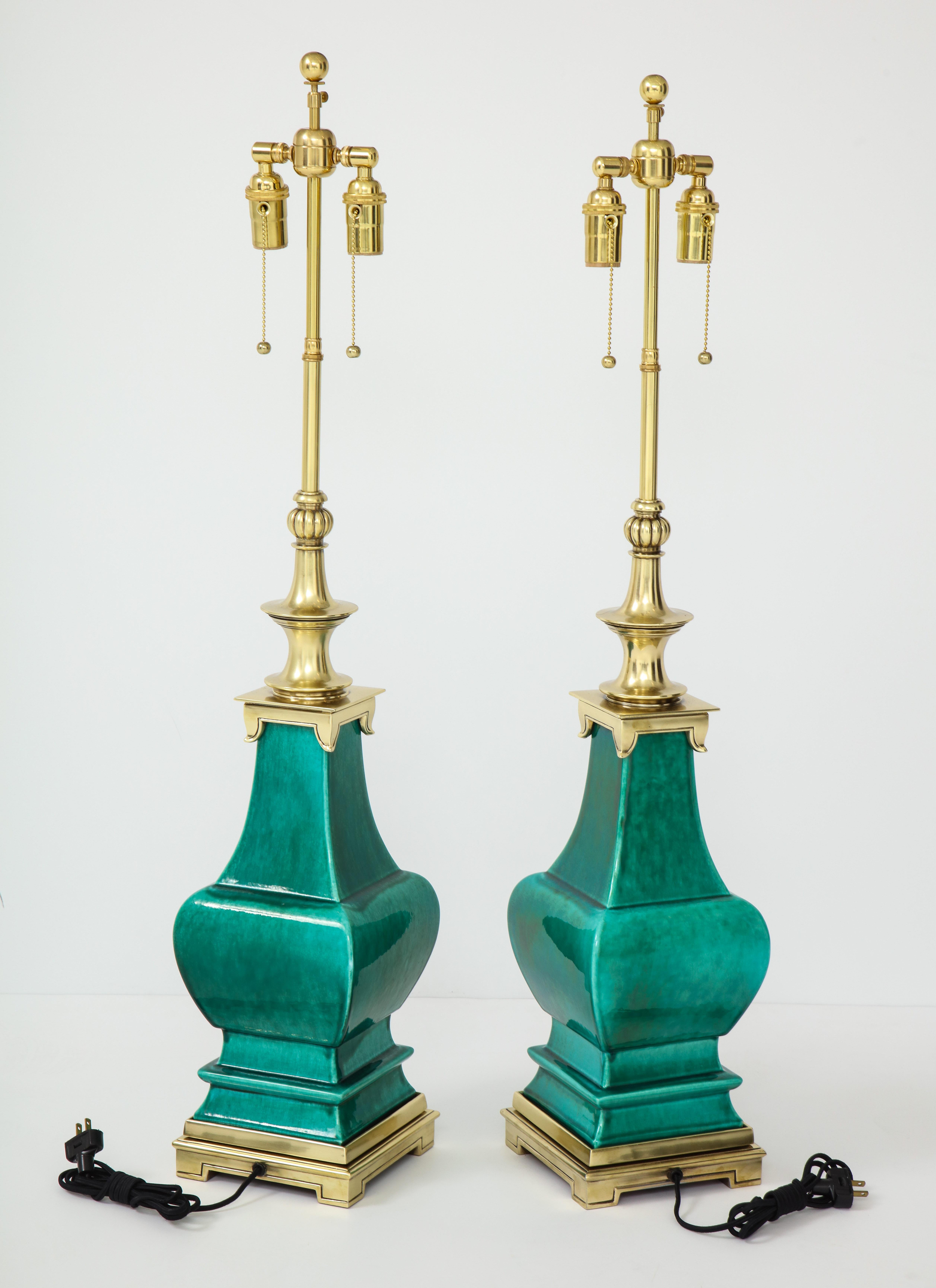 Pair of Jade Green Ceramic Lamps by Stiffel 2
