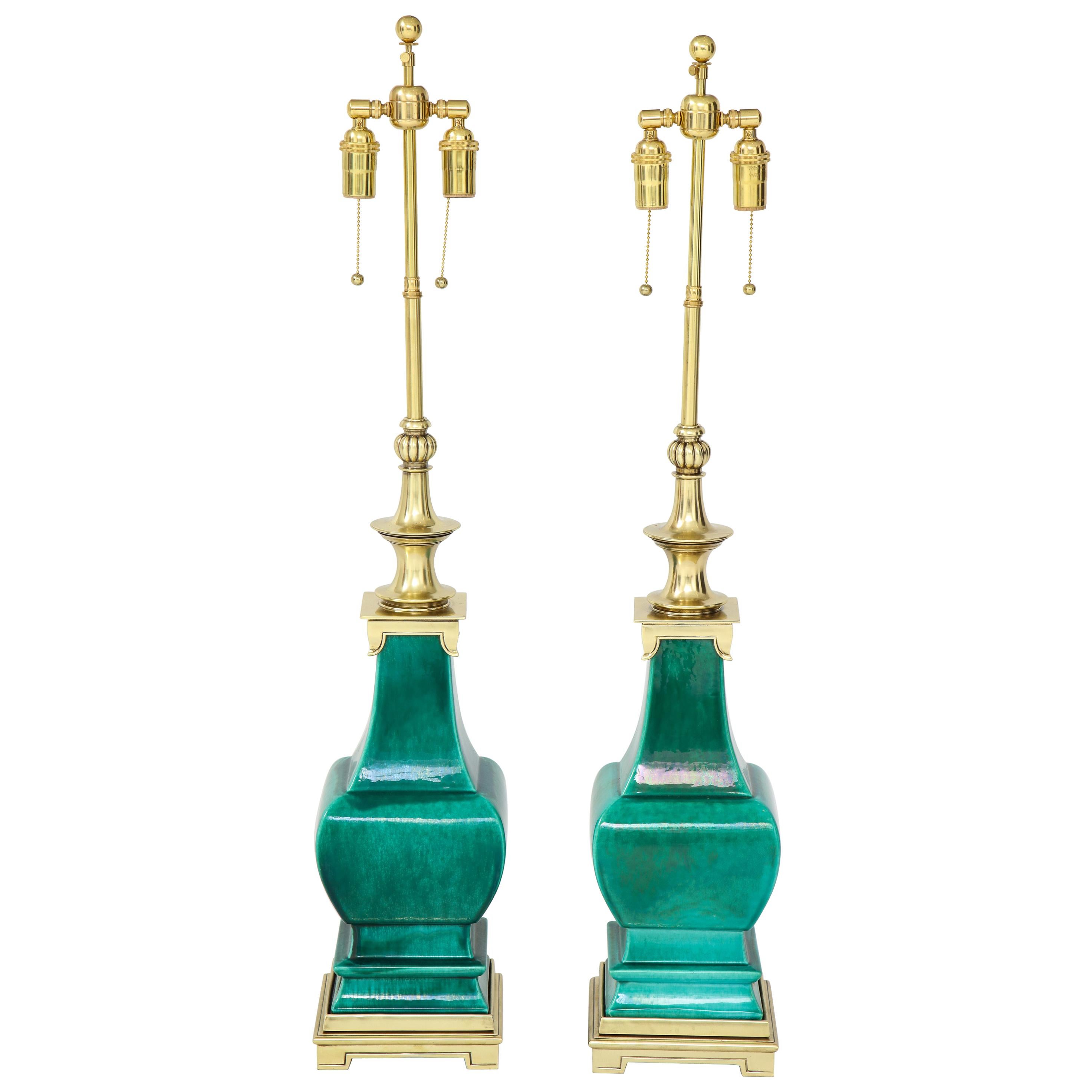 Pair of Jade Green Ceramic Lamps by Stiffel