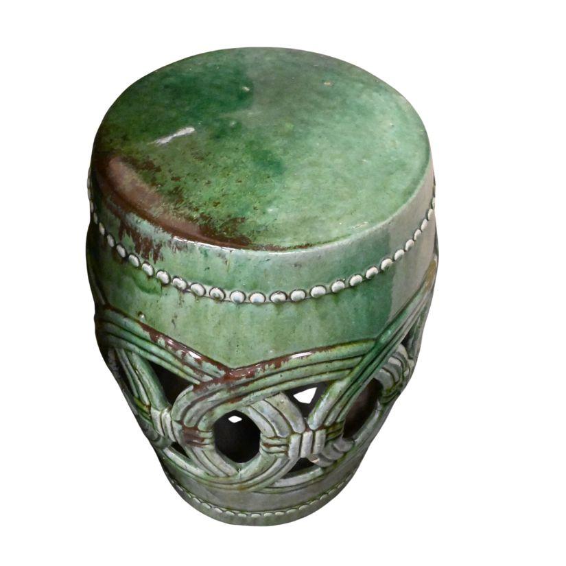 Glazed Pair of Jade Green Garden Stools With Overlapping Circles