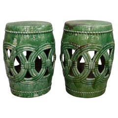 Pair of Jade Green Garden Stools With Overlapping Circles