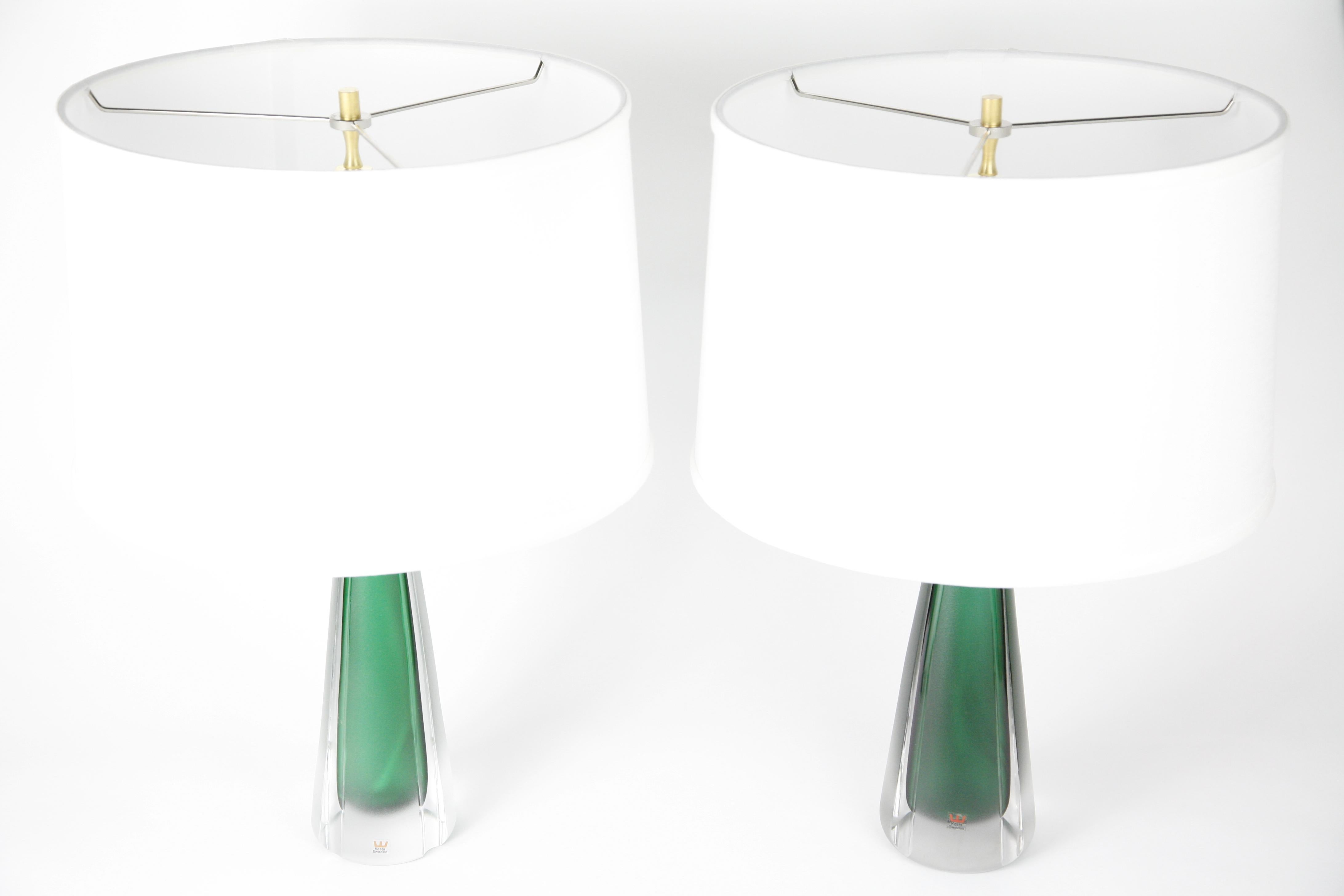Etched Pair of Jade Green Kosta Lamps, 1970, Sweden For Sale