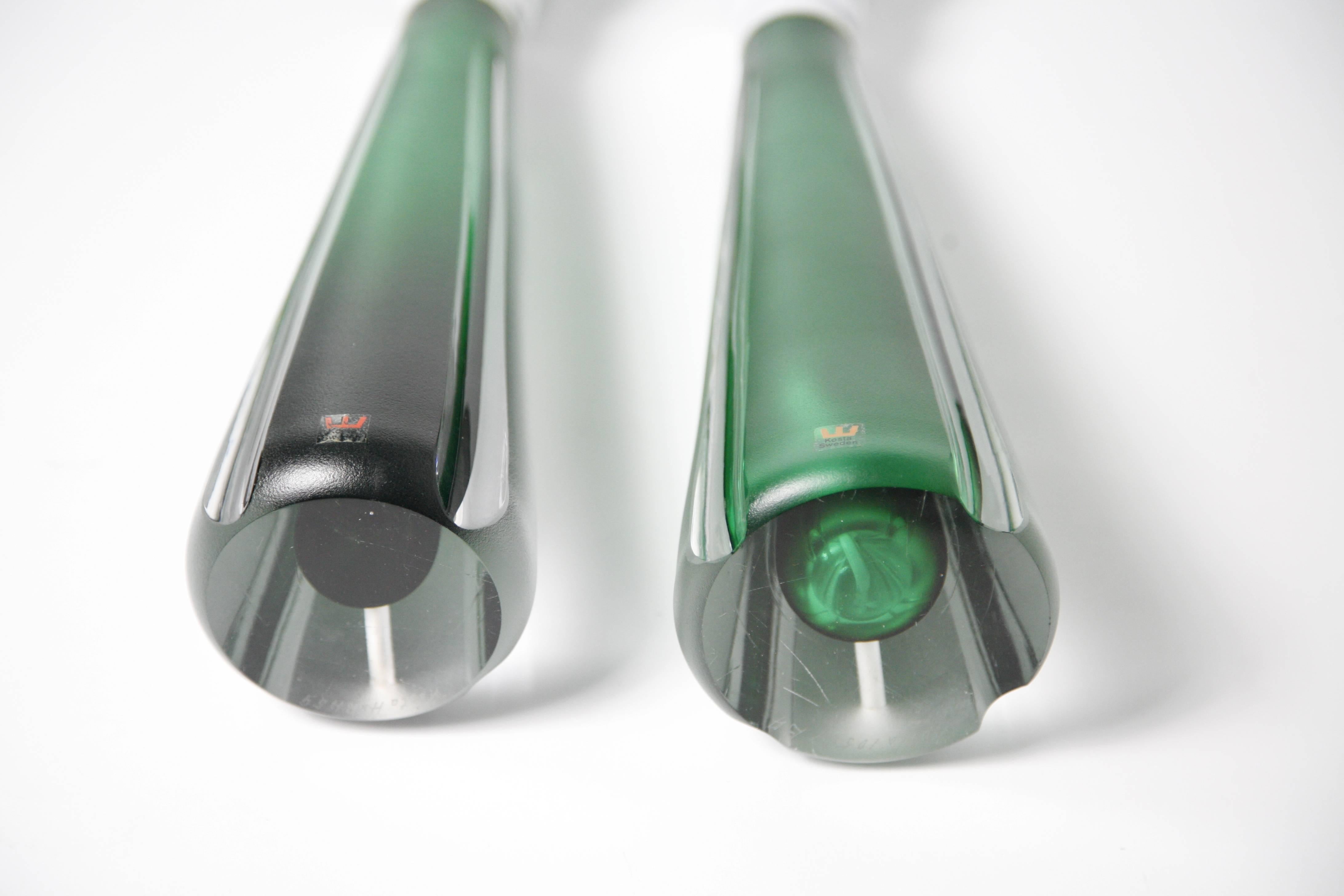 Crystal Pair of Jade Green Kosta Lamps, 1970, Sweden For Sale