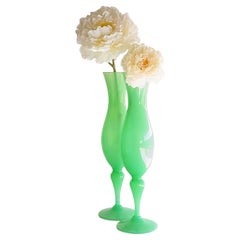 Pair of Jade Green Vases Empoli Glass/ Opalina Florentina Labeled, Italy 1950s
